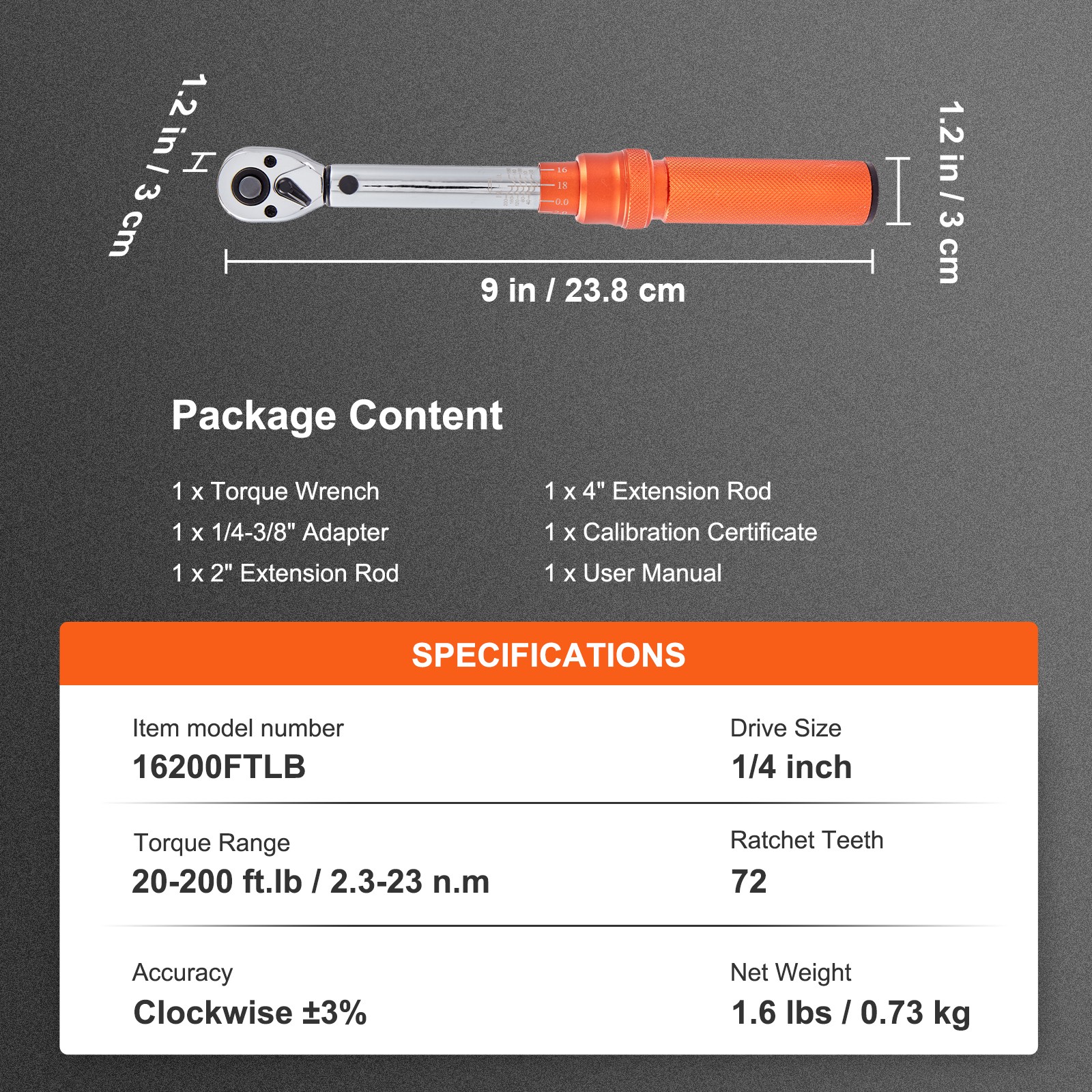 VEVOR Torque Wrench Adjustable Torque Wrench 1/4″ Drive 20-200in.lb/2.3-23Nm