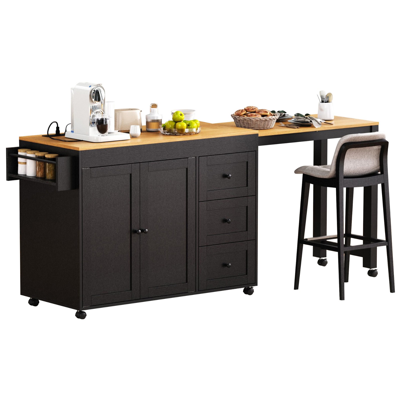 74.8 Inch Kitchen Island with Extendable Dining Table Rolling Storage Cart Power