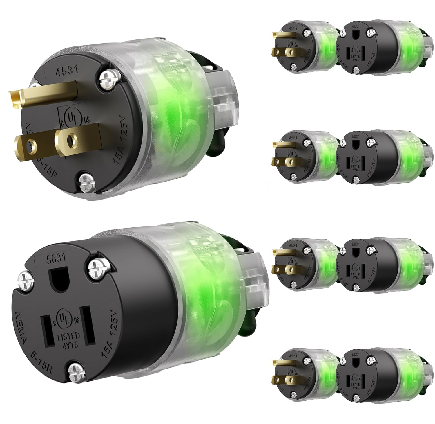 5 Set Lighted Extension Cord Ends, 15A 125V Extension Cord Replacement Ends 3 Pr