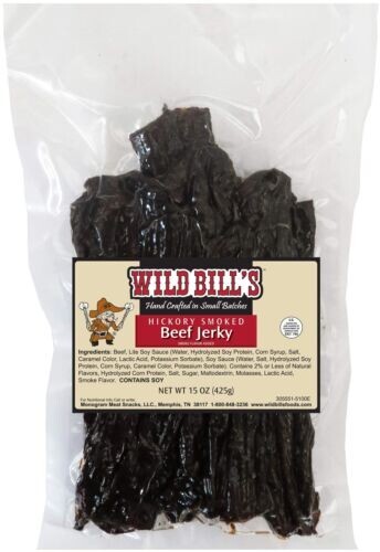 WILD BILL Beef Jerky Hickory Smoked in 15 ounce bag, 30 pieces 5″-6″ strips