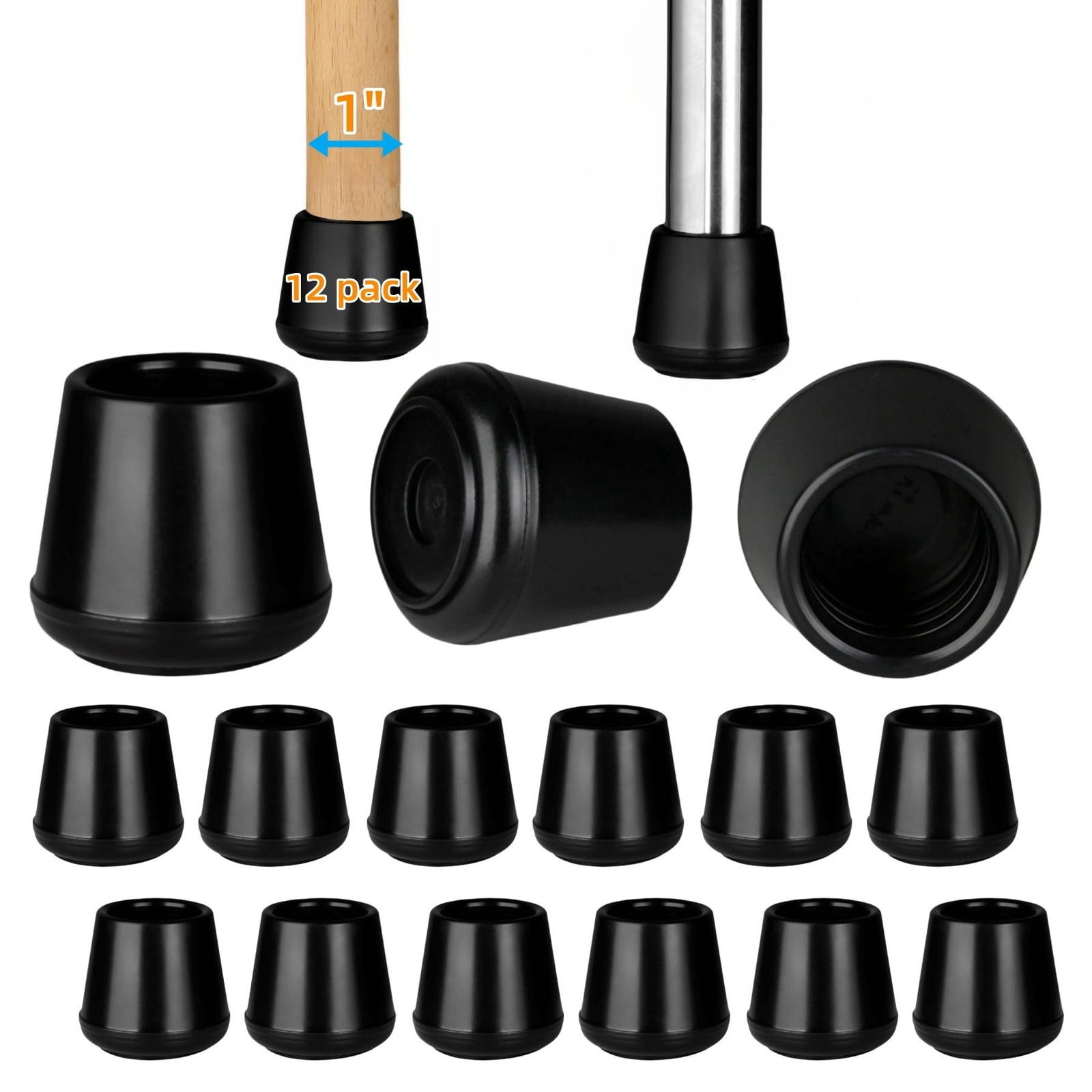 1″ Rubber Chair Leg Tips Caps, Chair Leg Floor Protectors Rubber Black 12 Pack