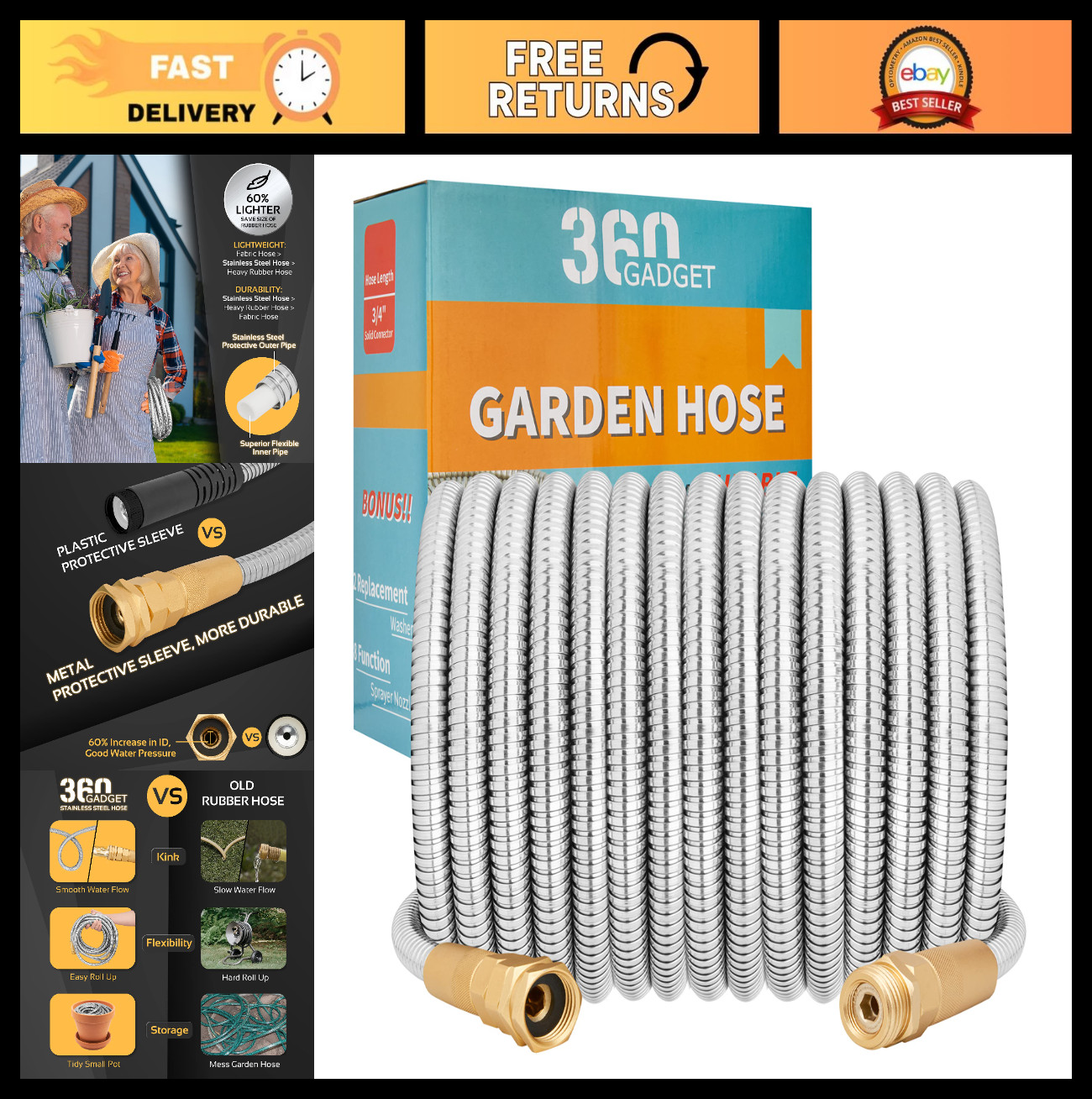 100ft Heavy Duty Stainless Steel Garden Hose – Flexible, No Kink, 8-Function Spr