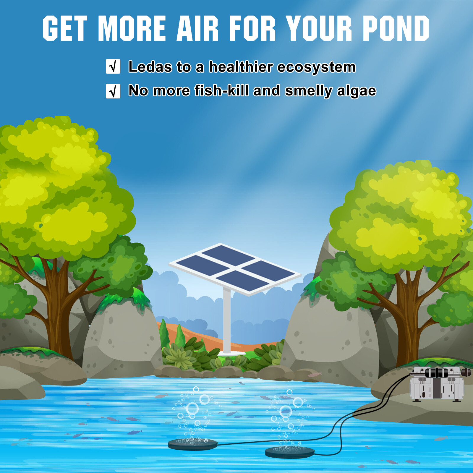 24V 300W Solar Powered Pond Aerator Aeration Pump 100 Weighted Tubing for 1 Acre