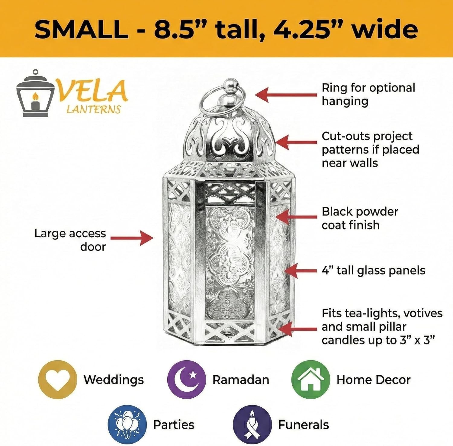8.5in Moroccan Candle Lantern – Elegant Black Iron & Glass Centerpiece
