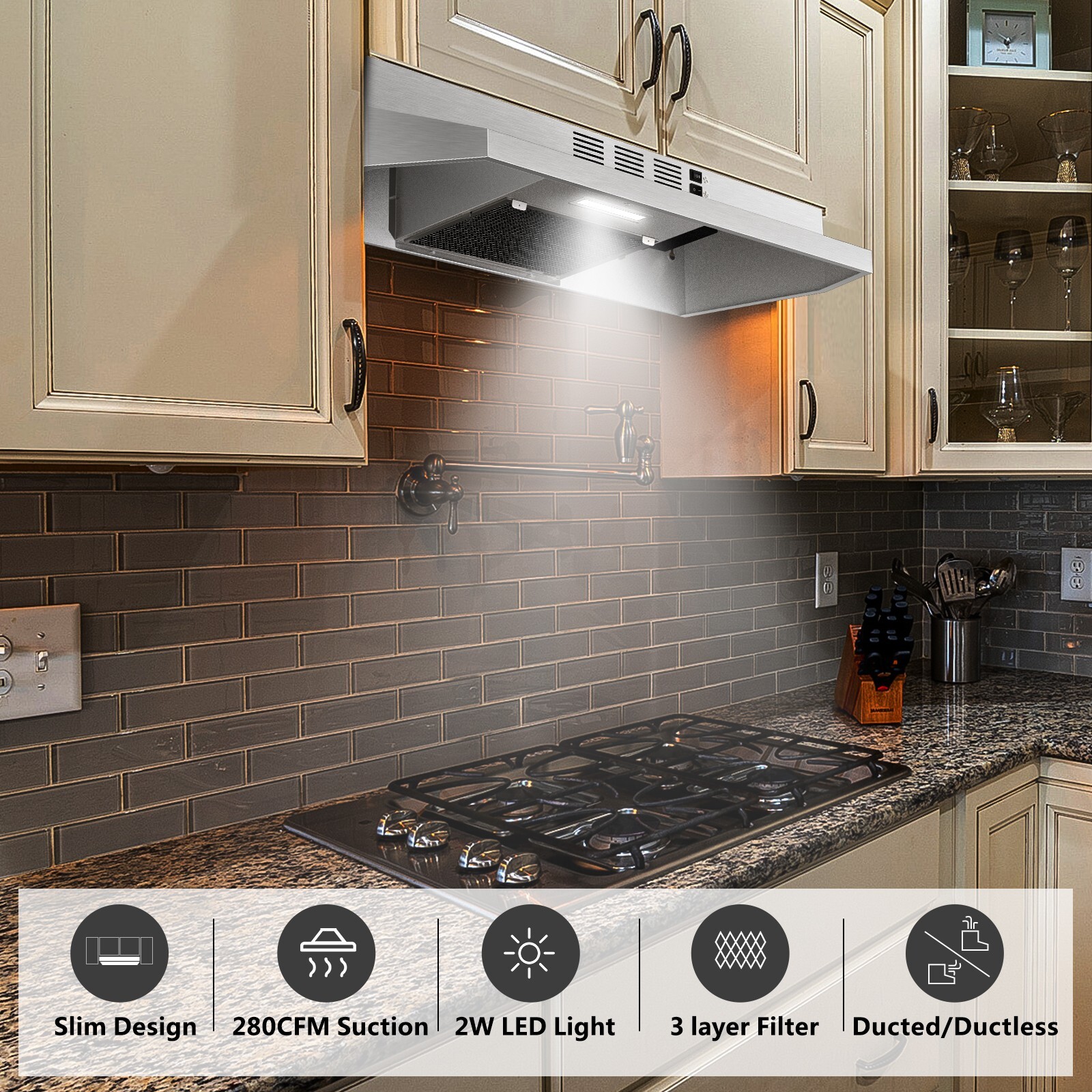 30in Kitchen Under Cabinet Range Hood 280CFM Convertible Stainless Steel LED New