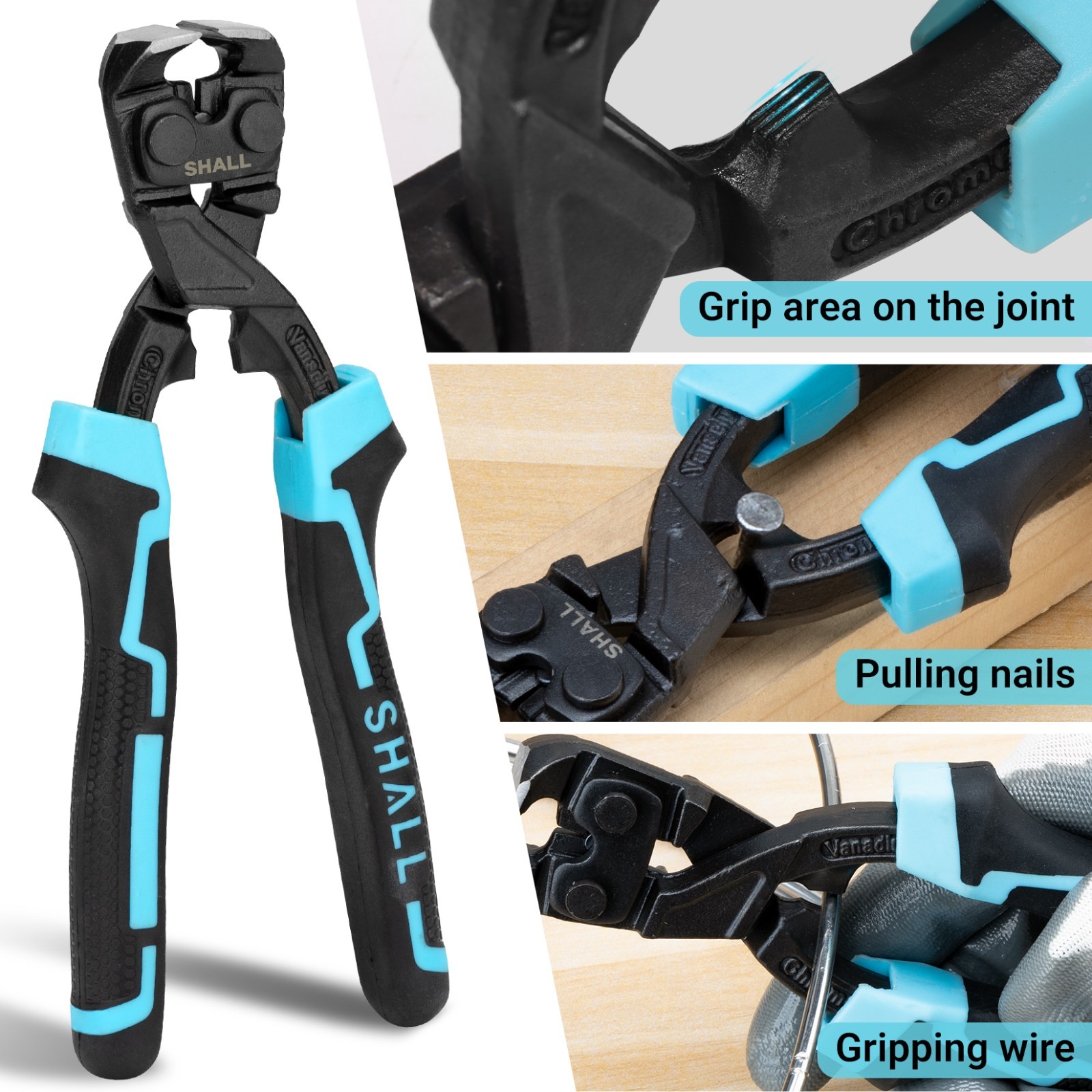 SHALL 8-Inch Nail Puller, 8″ End Cutting Pliers, Two-Color Ergonomic Handle