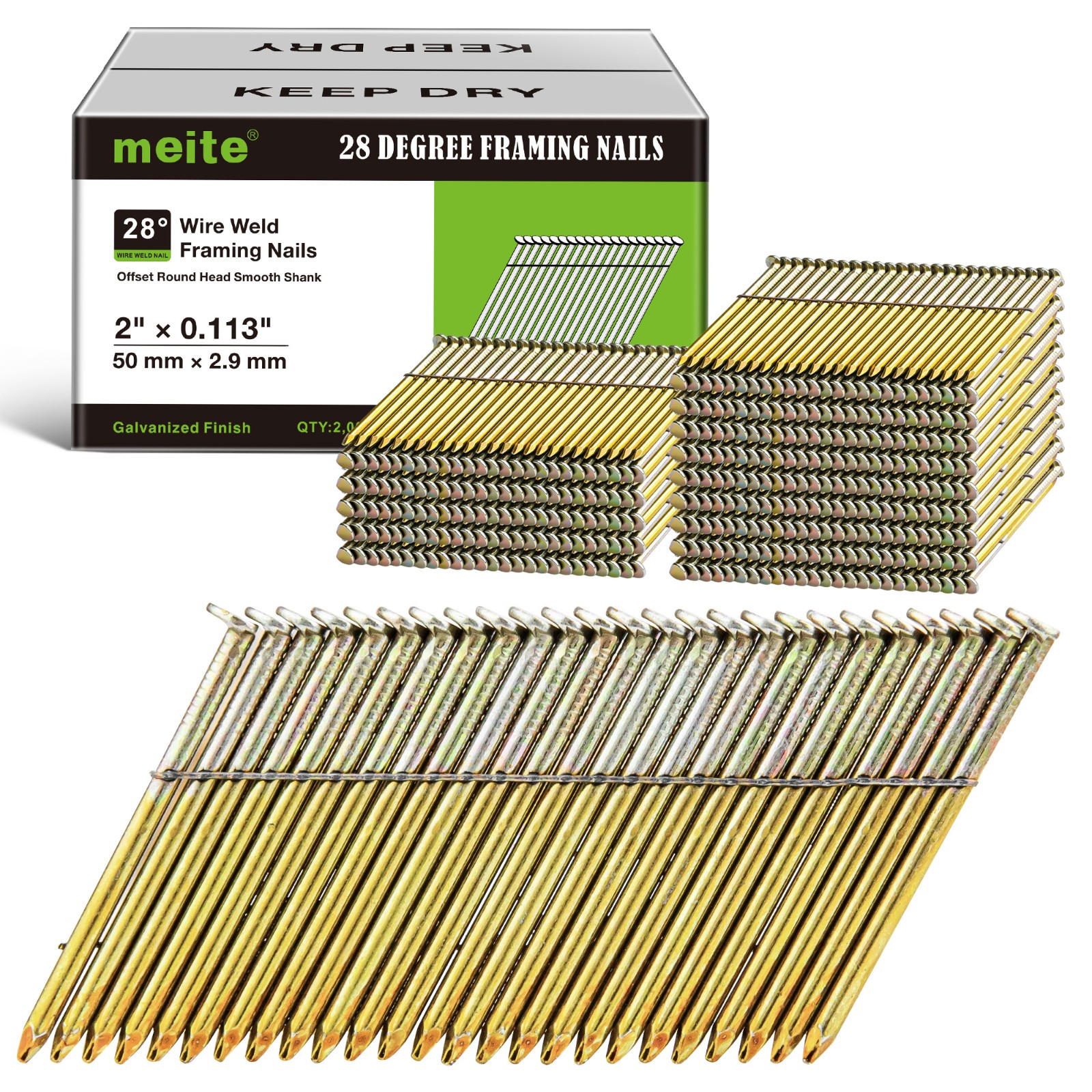 meite 28 Degree Framing Nails 2000-Count 2″ Length Galvanized Wire Weld