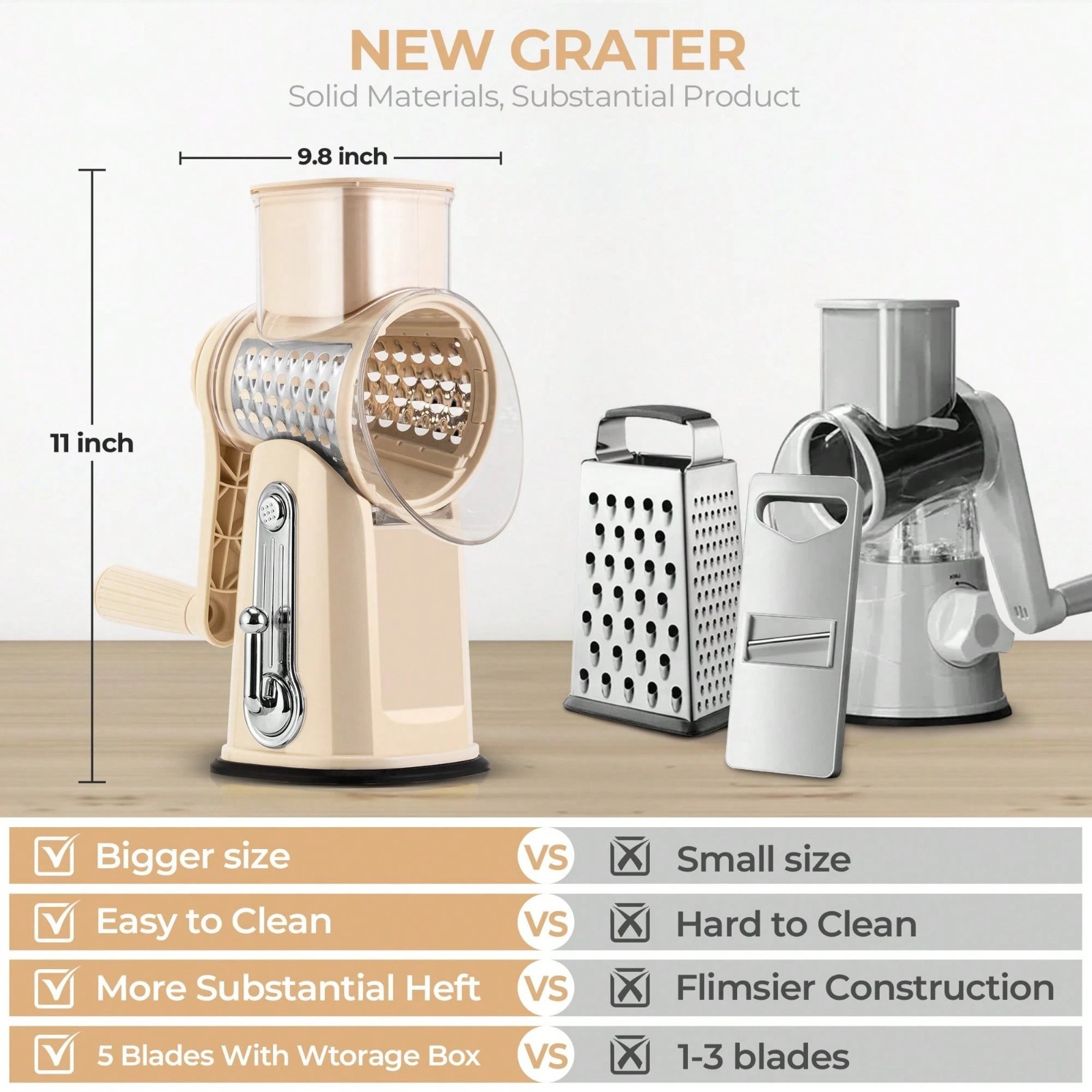 SUSTEAS Rotary Cheese Grater with 5 Blades & Storage Box Sleek Vegetable Shredde