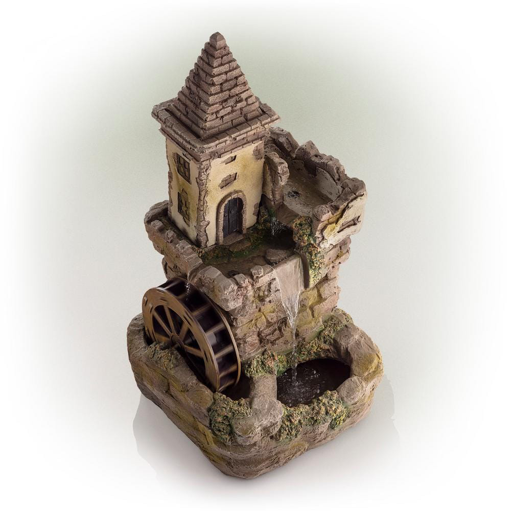 35 in. Tall Outdoor Fairy Castle Waterwheel Tiered Fountain Yard Art Decoration