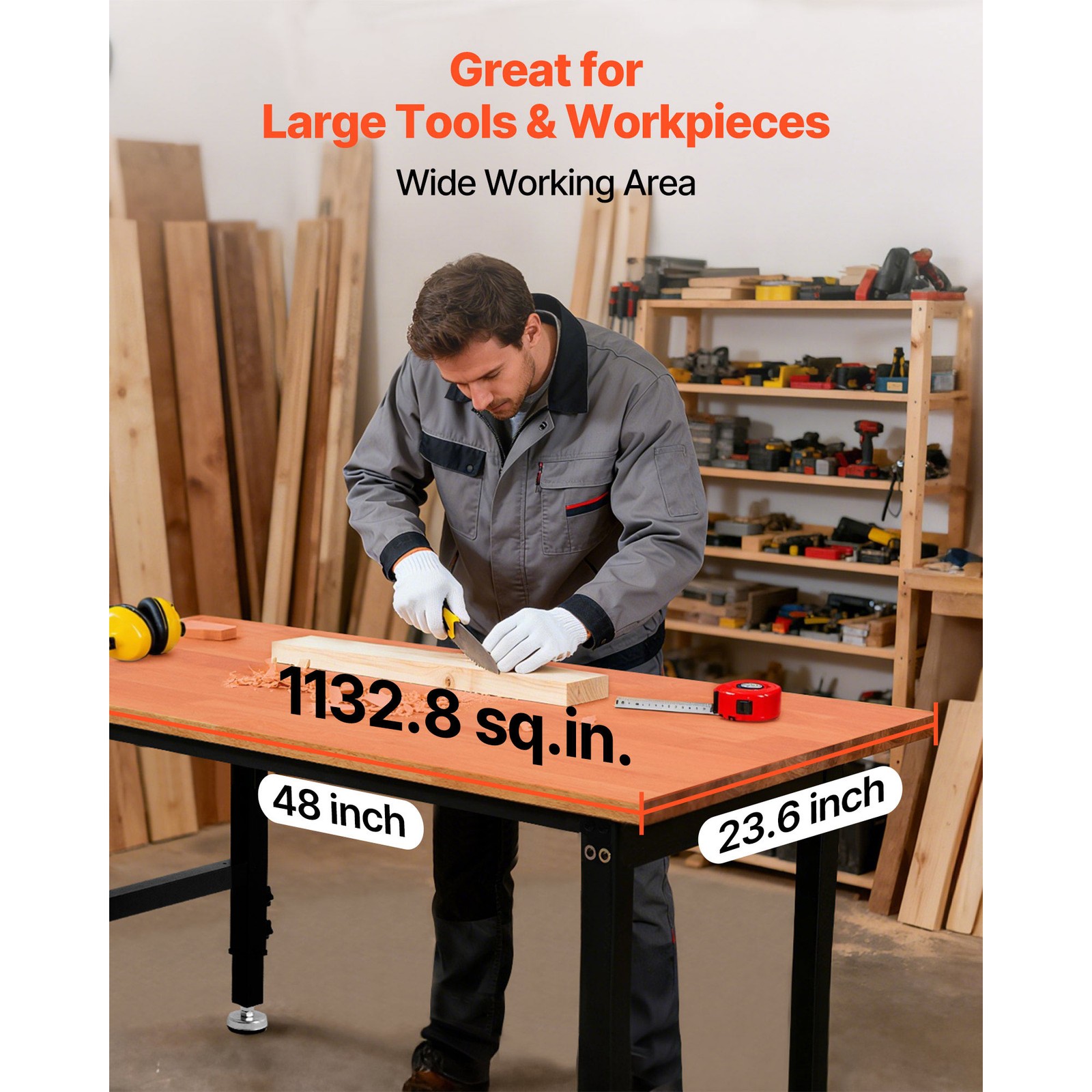 Uimoso 48 x 24 in Adjustable Workbench with 1500 lbs Capacity and Oak Wood Top