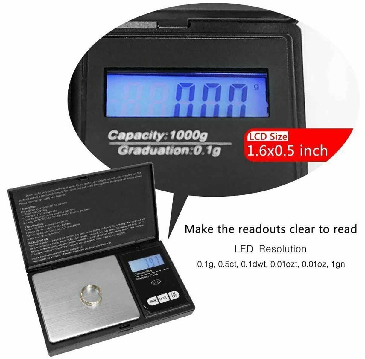 Pocket Small Digital Scale 1000g x 0.1g Jewelry Pocket Gram Gold Silver Coin