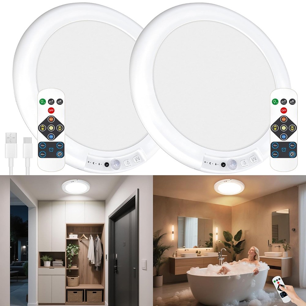 2× Rechargeable Ceiling Lights w/ Remote Wireless Battery Operated Motion Sensor