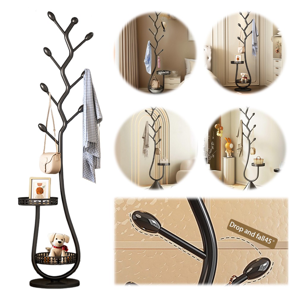 Metal Coat Rack with 8 Hooks – Carbon Steel Coat Tree Stand with Storage Shelf