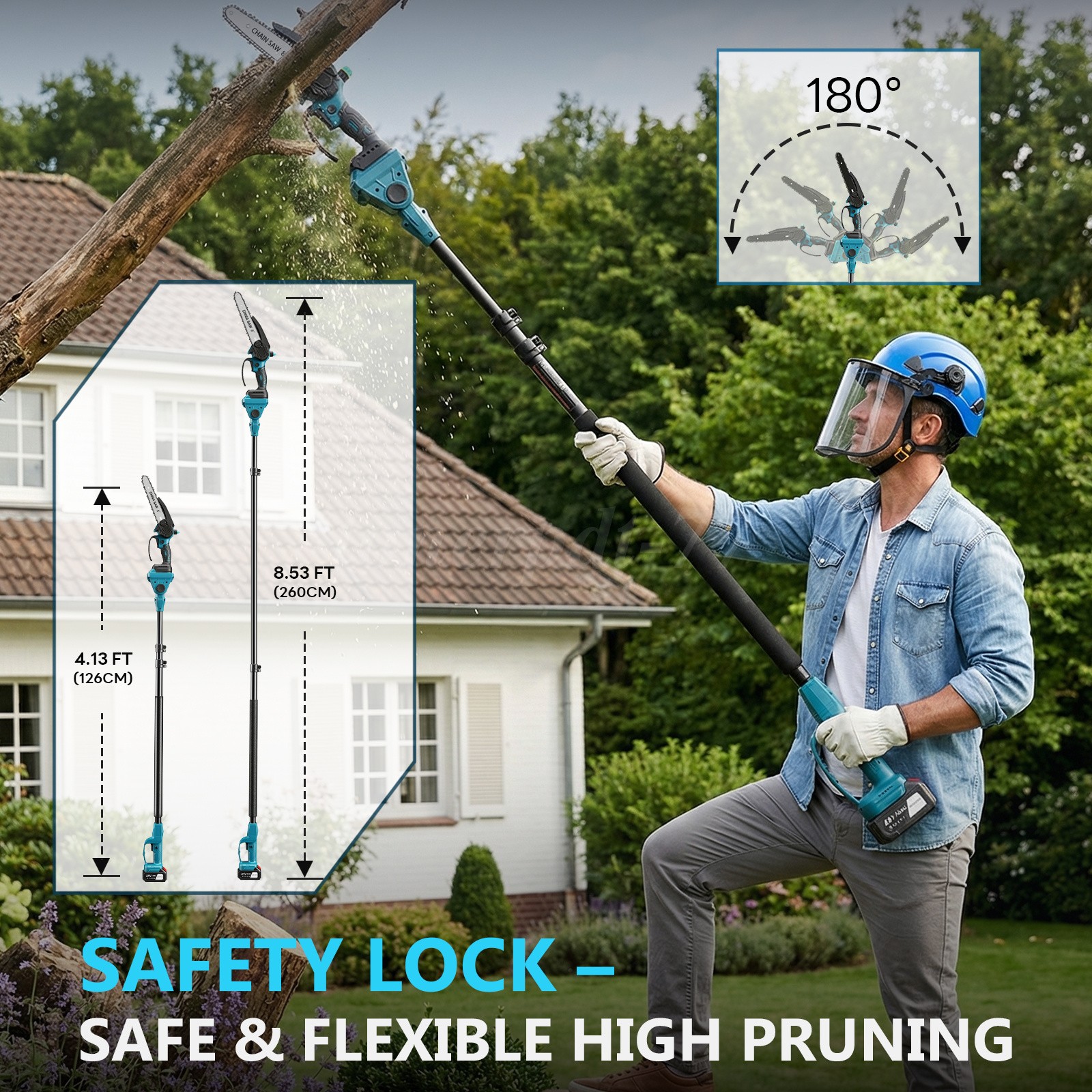 4-in-1 Cordless Pole Saw Electric Pruning Shears 8 Inch Mini Chainsaw 16Ft Reach