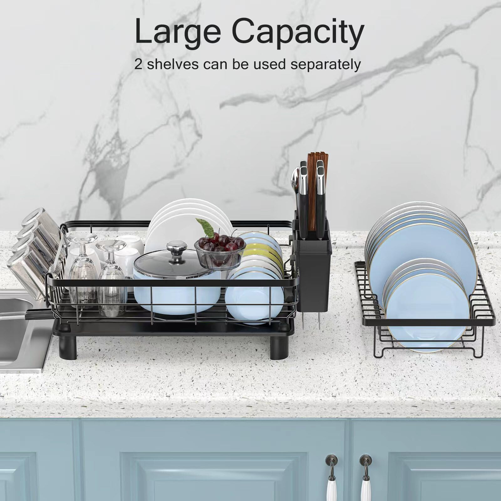 2 Tier Over The Sink Dish Drying Rack Stainless Steel Kitchen Dish Drainer Black