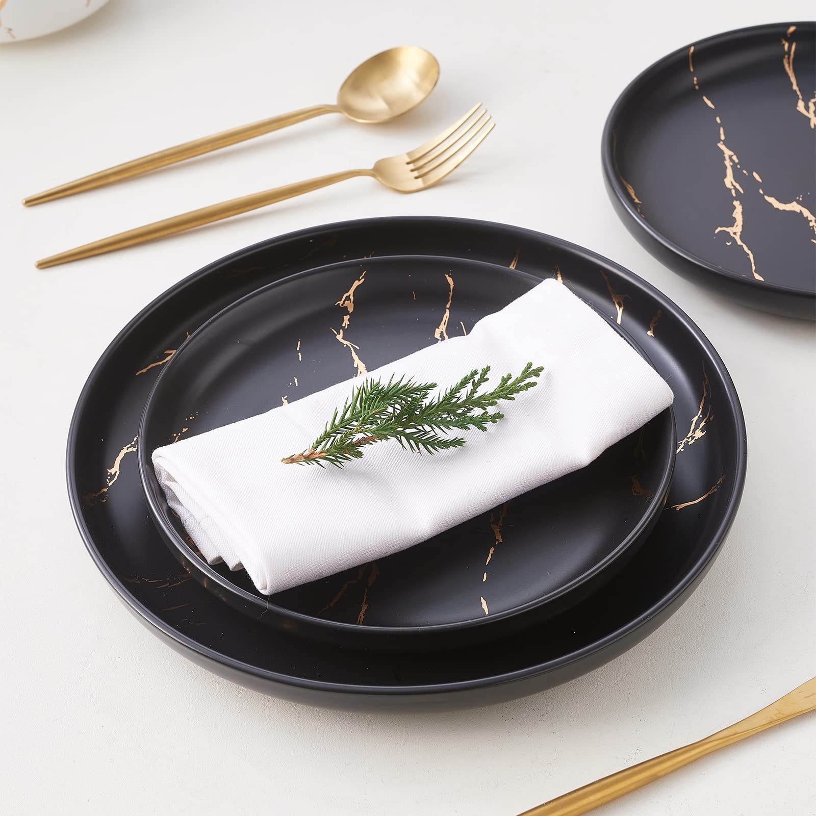 Pokini Black Gold Splash Dinnerware Sets, Marble Porcelain Plates and Bowls S…