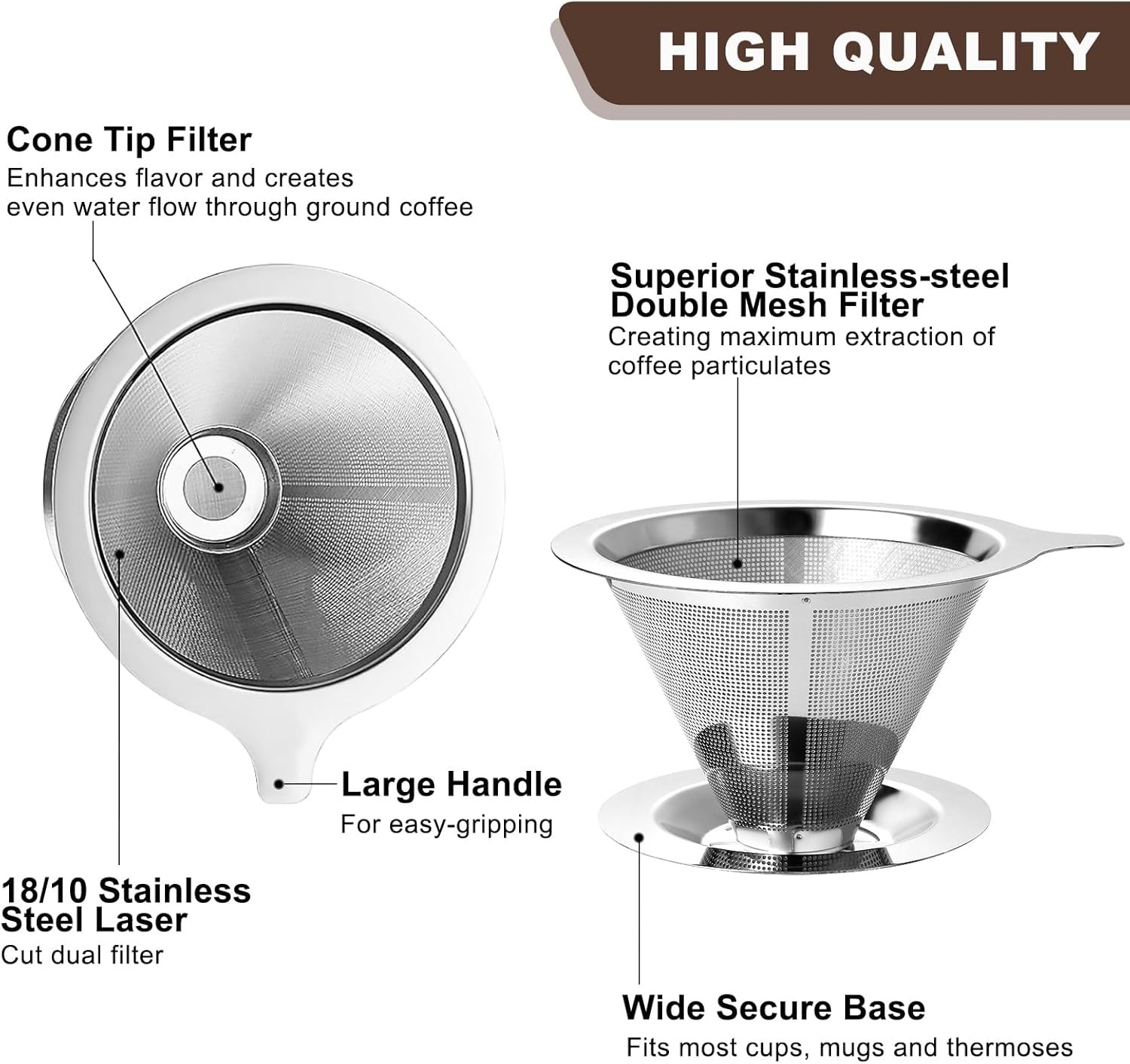 Upgraded Stainless Steel Pour Over Coffee Filter – Reusable, Easy Clean, Large