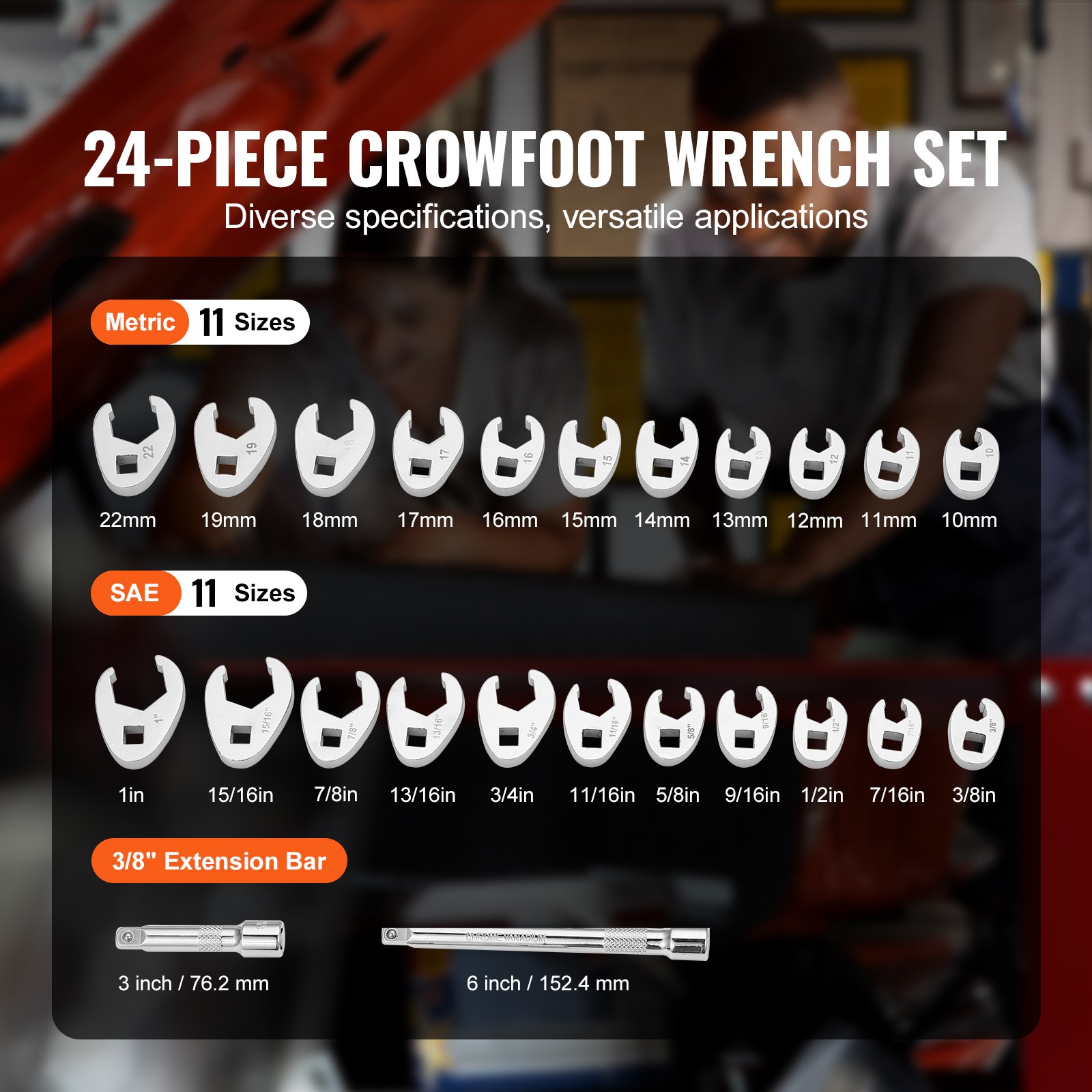 VEVOR Crowfoot Wrench Set 3/8″ Drive 24-Piece Crows Foot Wrench Set SAE Metric