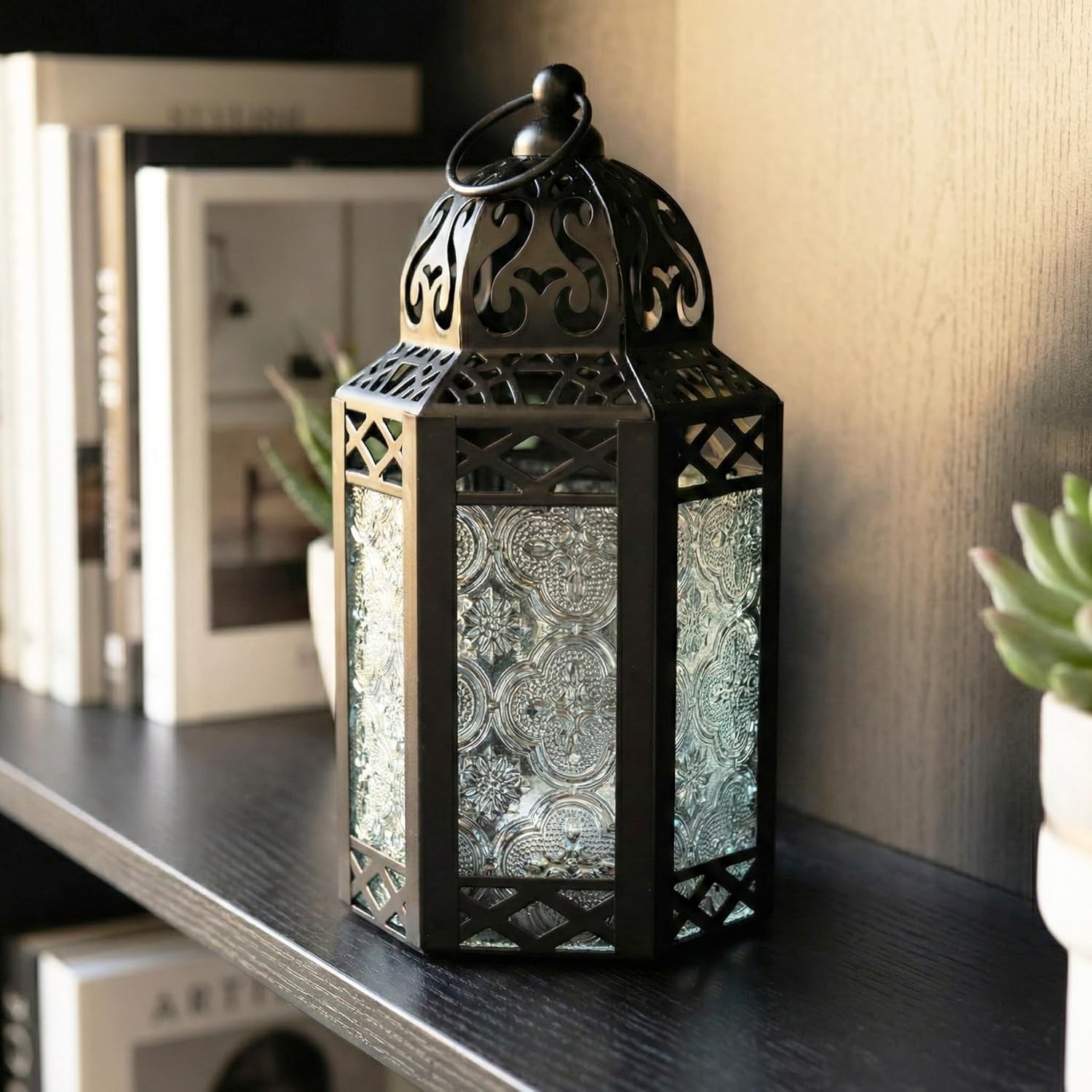 8.5in Moroccan Candle Lantern – Elegant Black Iron & Glass Centerpiece