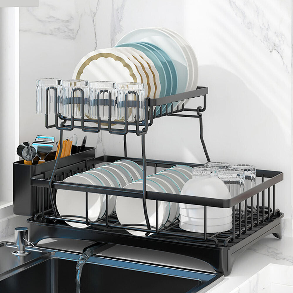 2 Tier Over The Sink Dish Drying Rack Stainless Steel Kitchen Dish Drainer Black