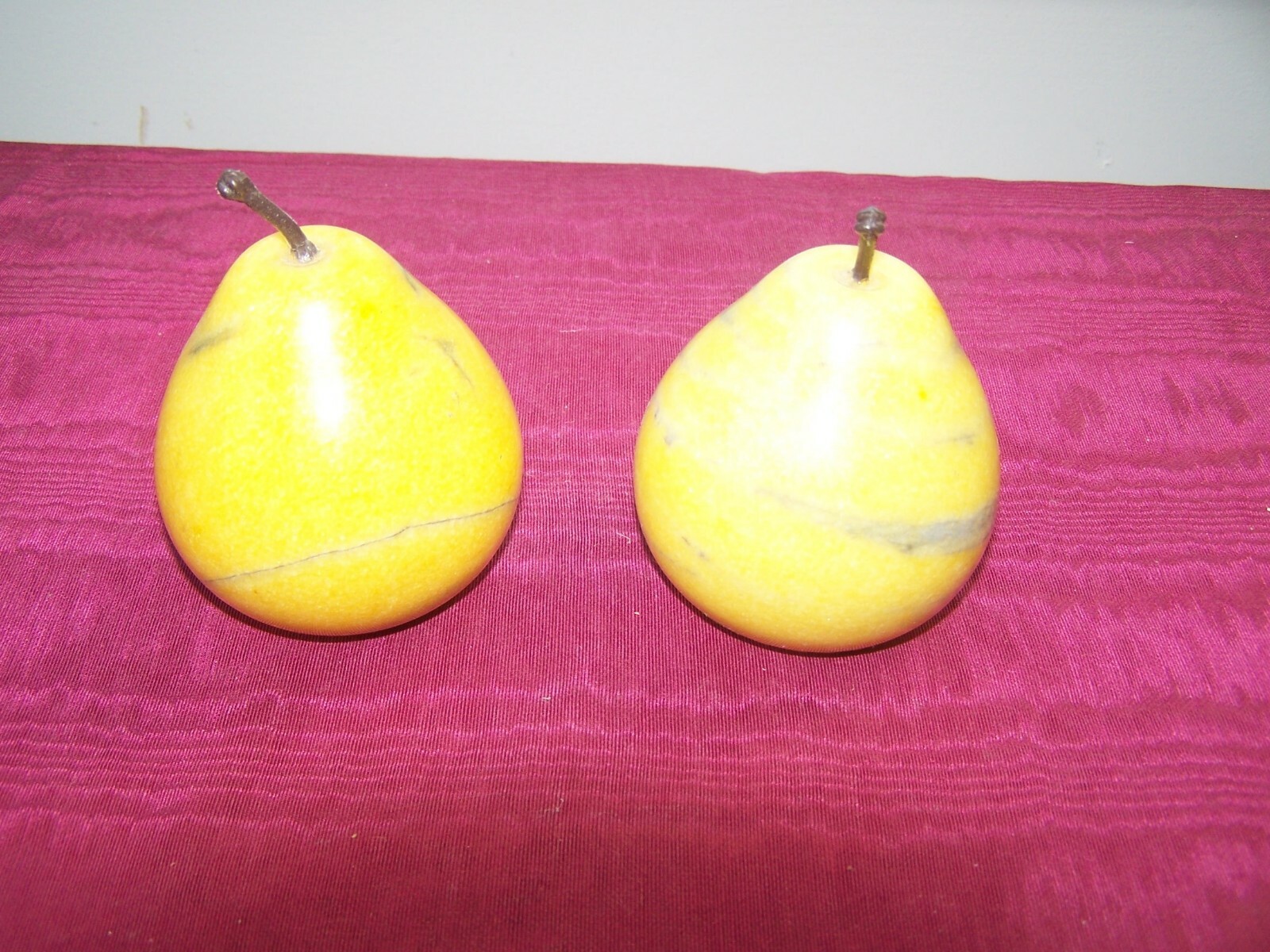2 alabaster(?) marble stone pears, heavy, 1.4 pounds each, 3″ tall, EUC