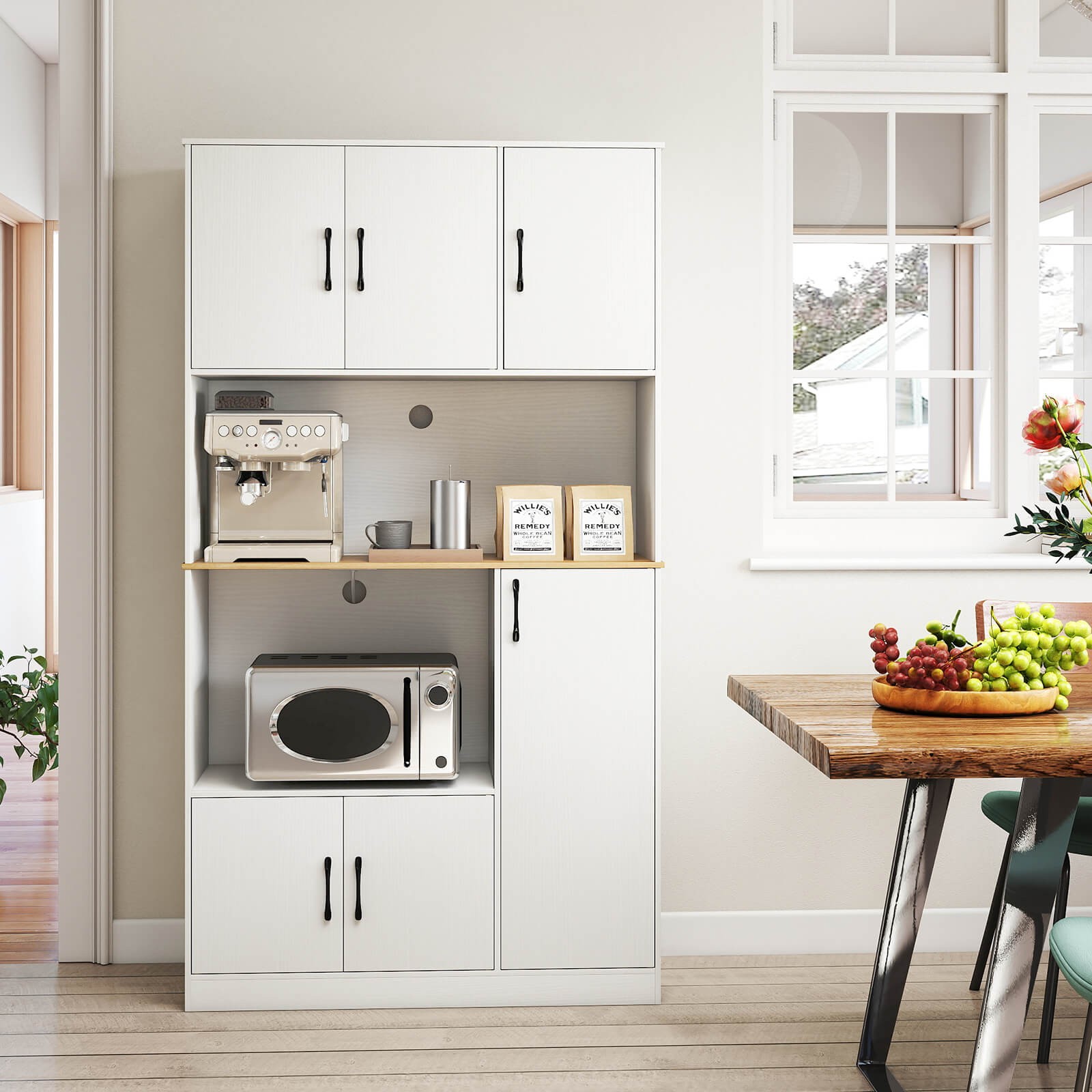 71” Tall Kitchen Pantry Cabinet with Charging Station, Microwave Stand & Doors