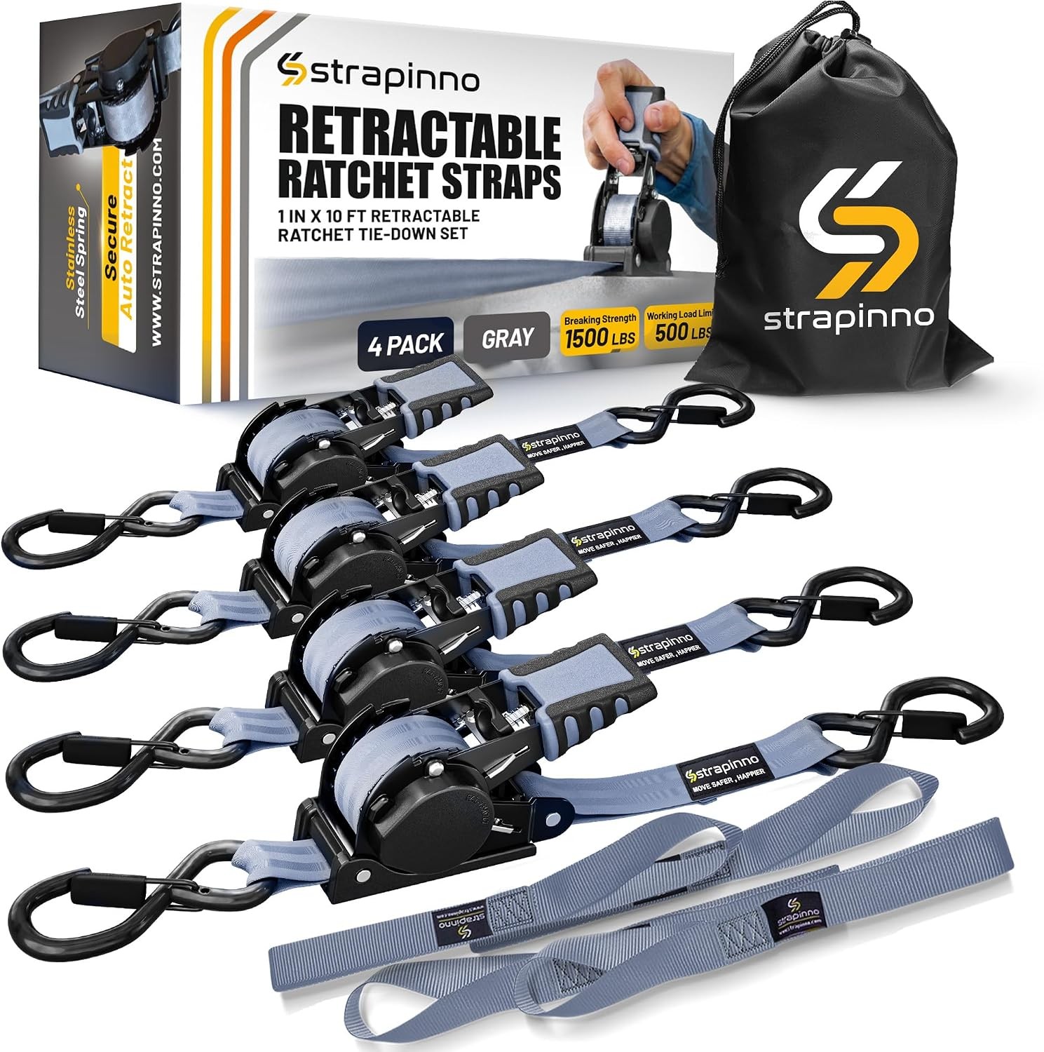 Retractable Ratchet Straps 4-Pack 1 in x 10 ft 1,500LBS Break Strength Most