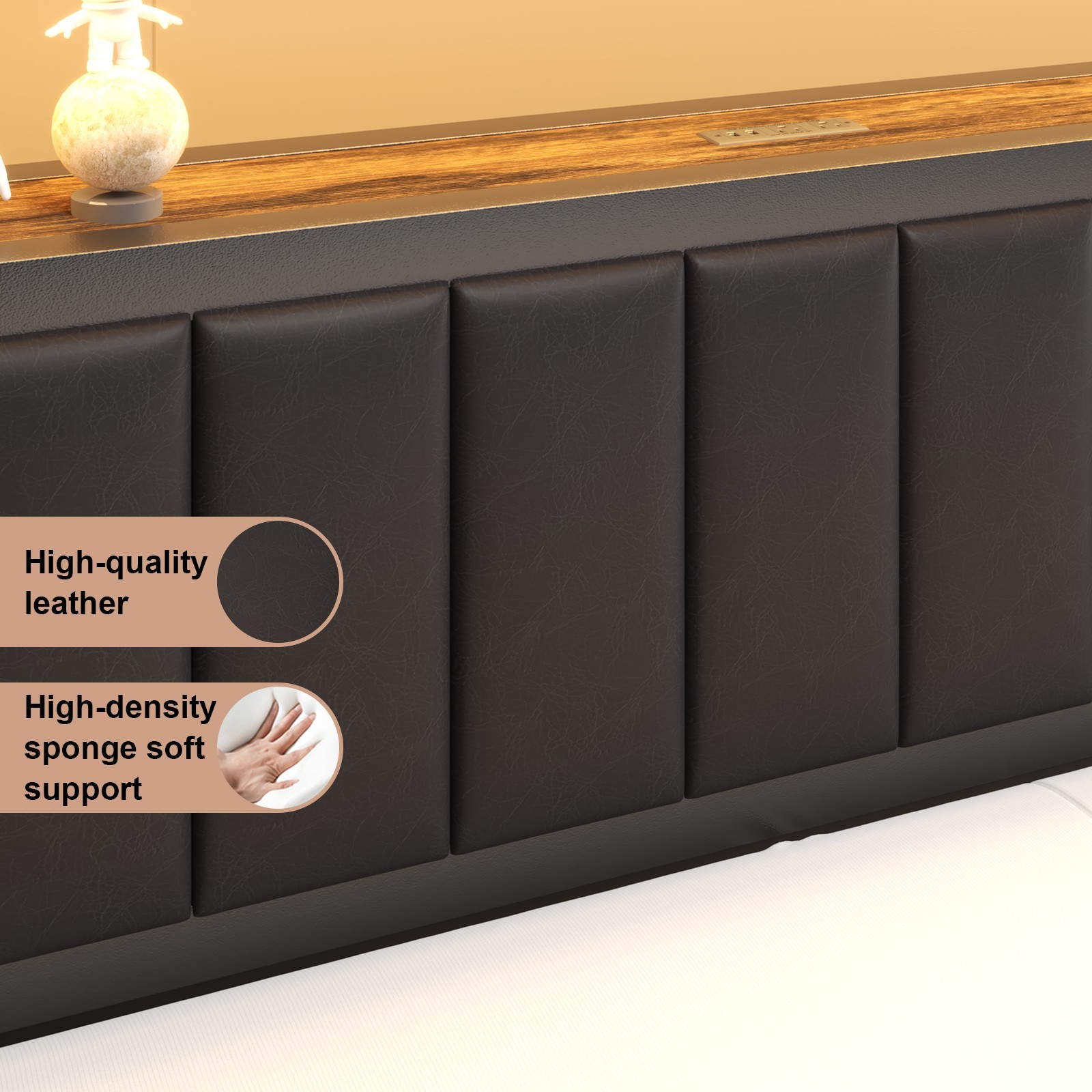 Full Queen LED Bed Frame with Charging Station&Upholstered Storage Headboard