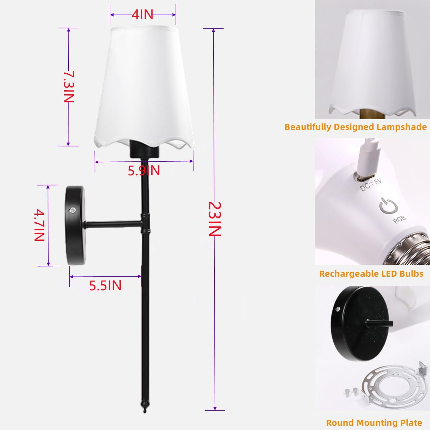 Rechargeable Battery Wall Sconce Set of 2, Dimmable LED with Remote Control