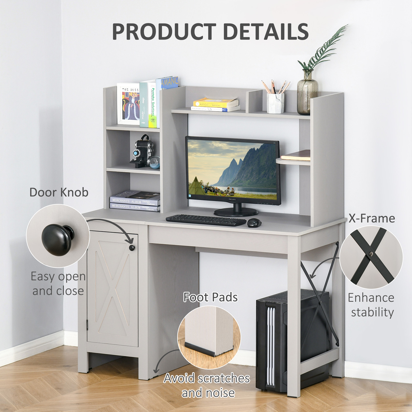 Farmhouse Computer Desk W/ Hutch Tabletop Cabinet, Home Office Study, Light Grey