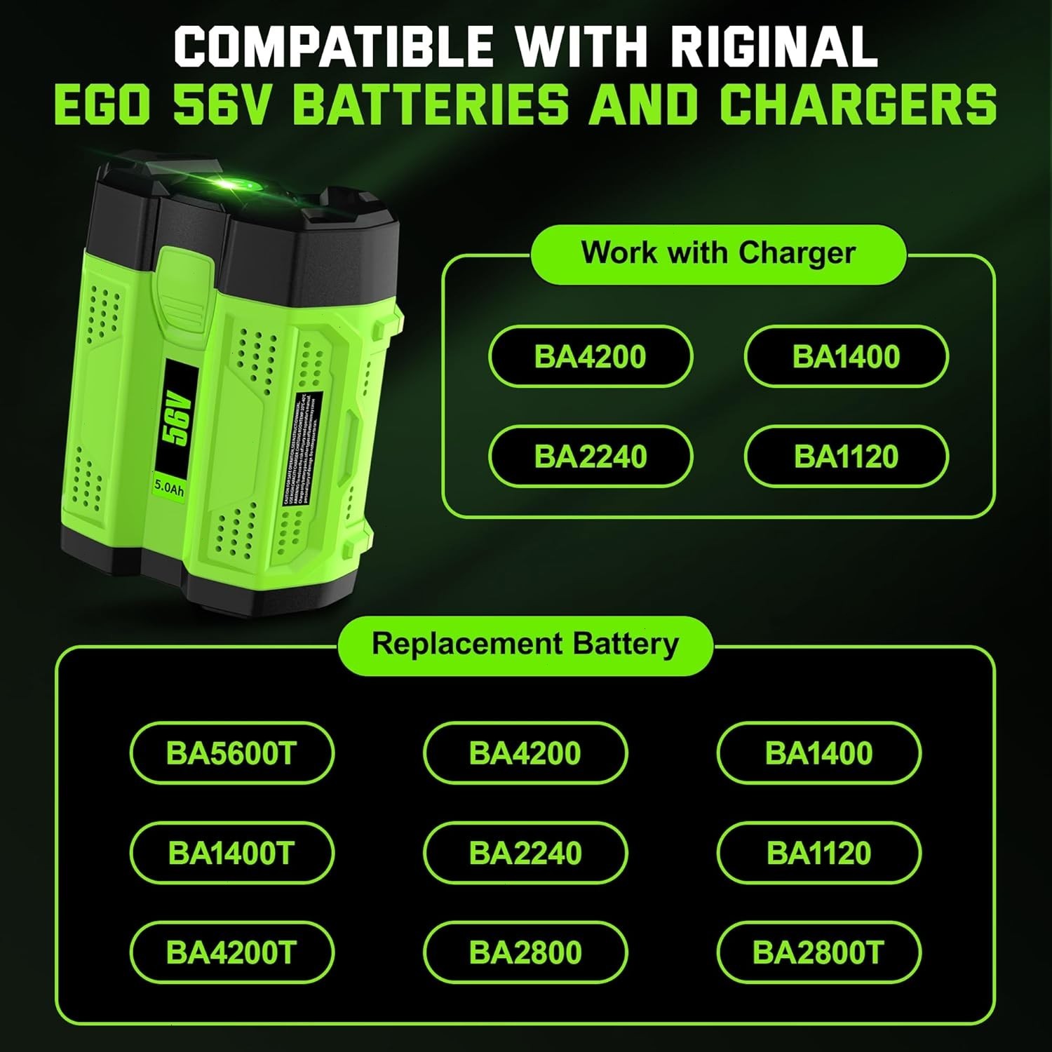 2PACK For EGO 56V 56Volt BA2800T POWER+ 5.0AH Battery Lithium Ion BA2240 BA1400T
