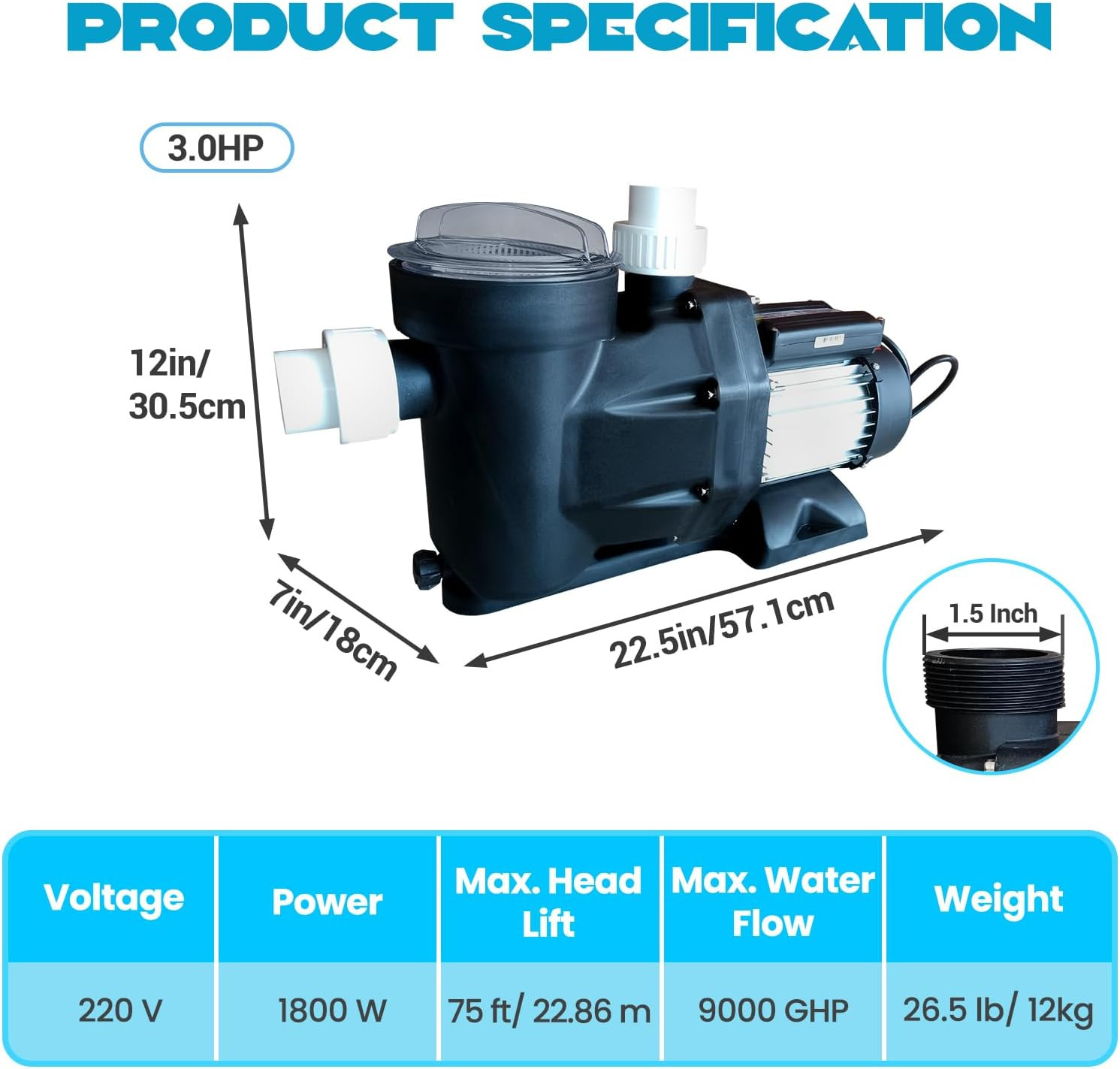 1.5-3.0HP In/Above Ground Swimming Pool Pump Motor w/ Unions, Strainer 220V