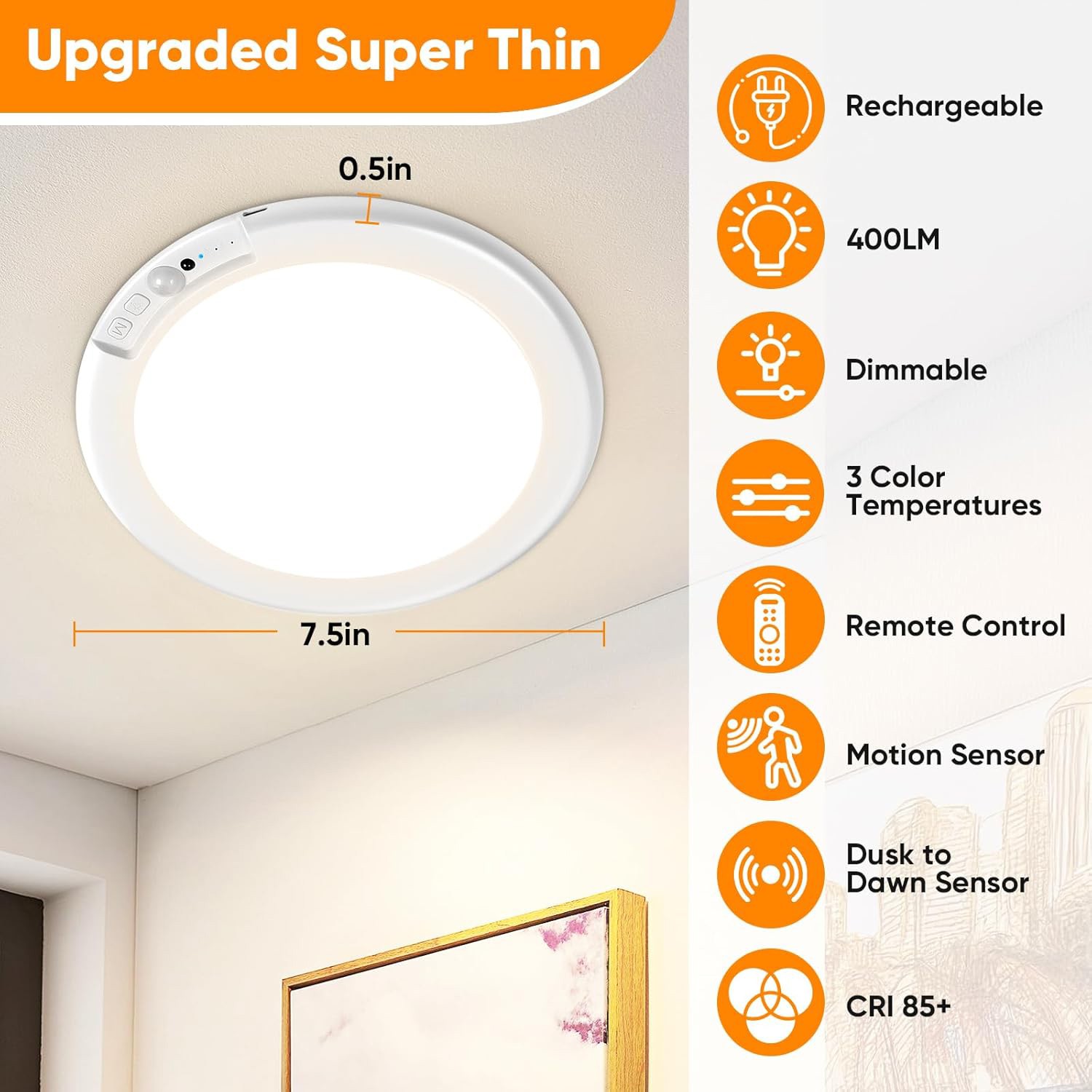 4Pack Rechargeable Motion Sensor Ceiling Light with Remote Wireless LED 3 Colors