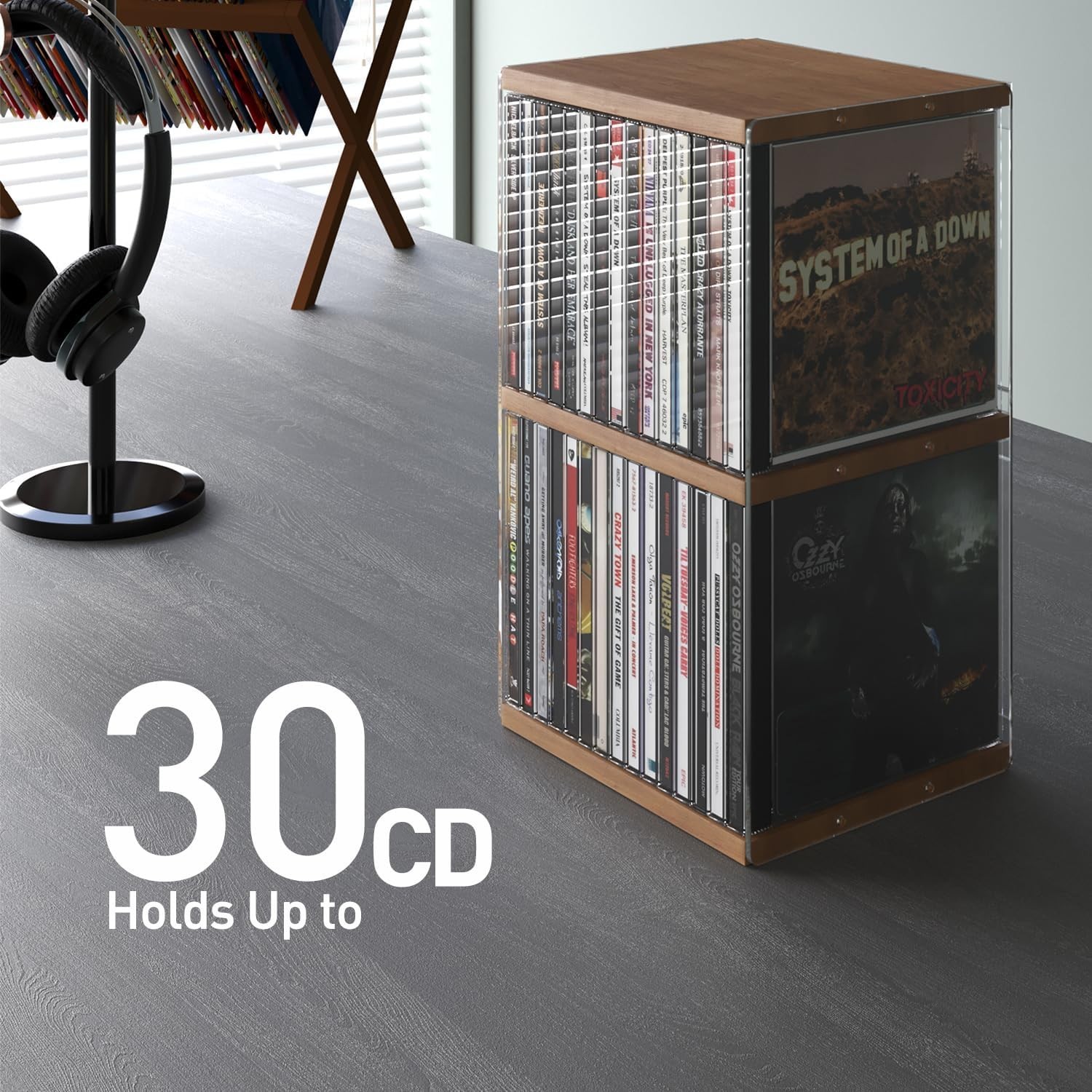 Retro Walnut CD Holder Desk Rack Organizer Storage Shelf Tower 30 Pcs