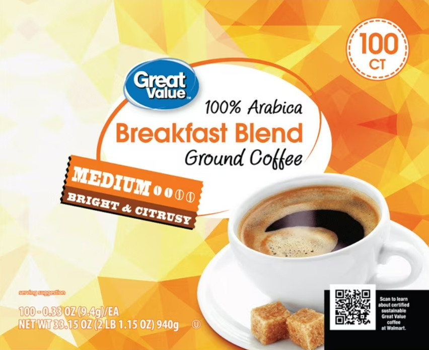 Great Value Arabica Breakfast Blend Coffee Pods Medium Roast 100 Count