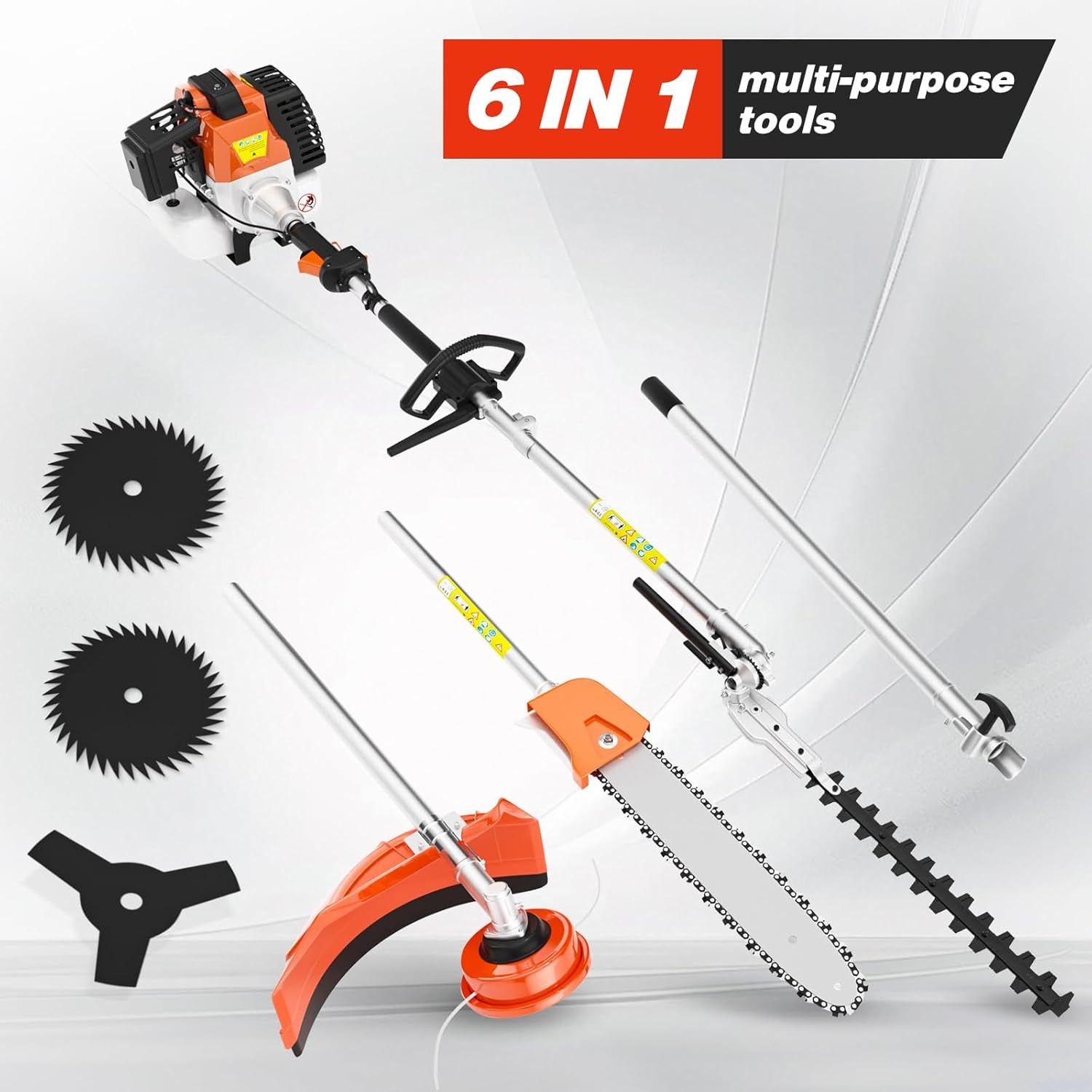 52cc 6-in-1 2-Stroke Gas Powered Weed Eater w/ Hedge Trimmer & Pole Saw Trimming
