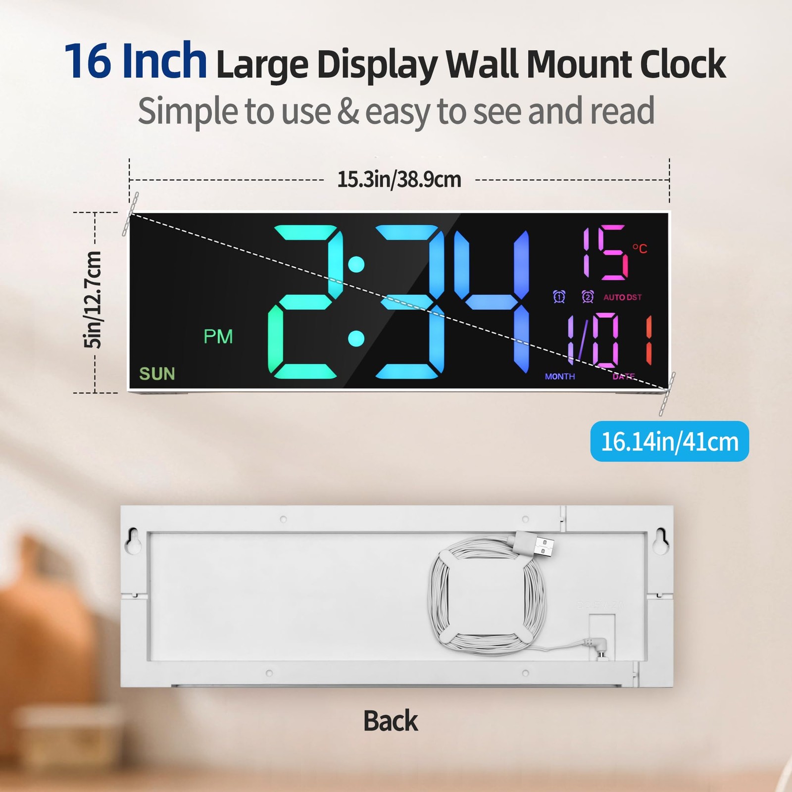 16.2” Large Digital Wall Clock with Remote Control, Big LED/Dual Alarm/8 RGB…