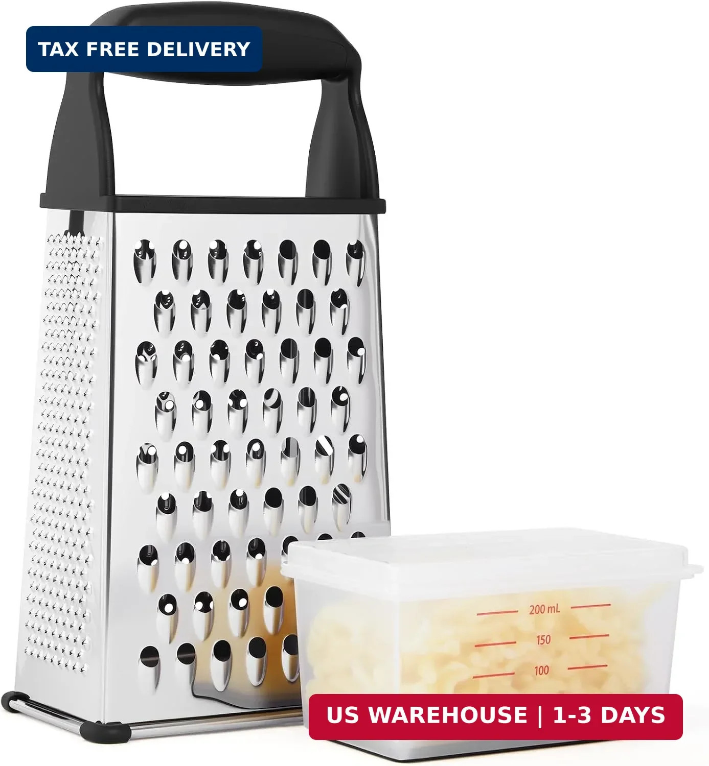 Box Cheese Grater Stainless Steel with Container Handle 4-Sided Shredder Black