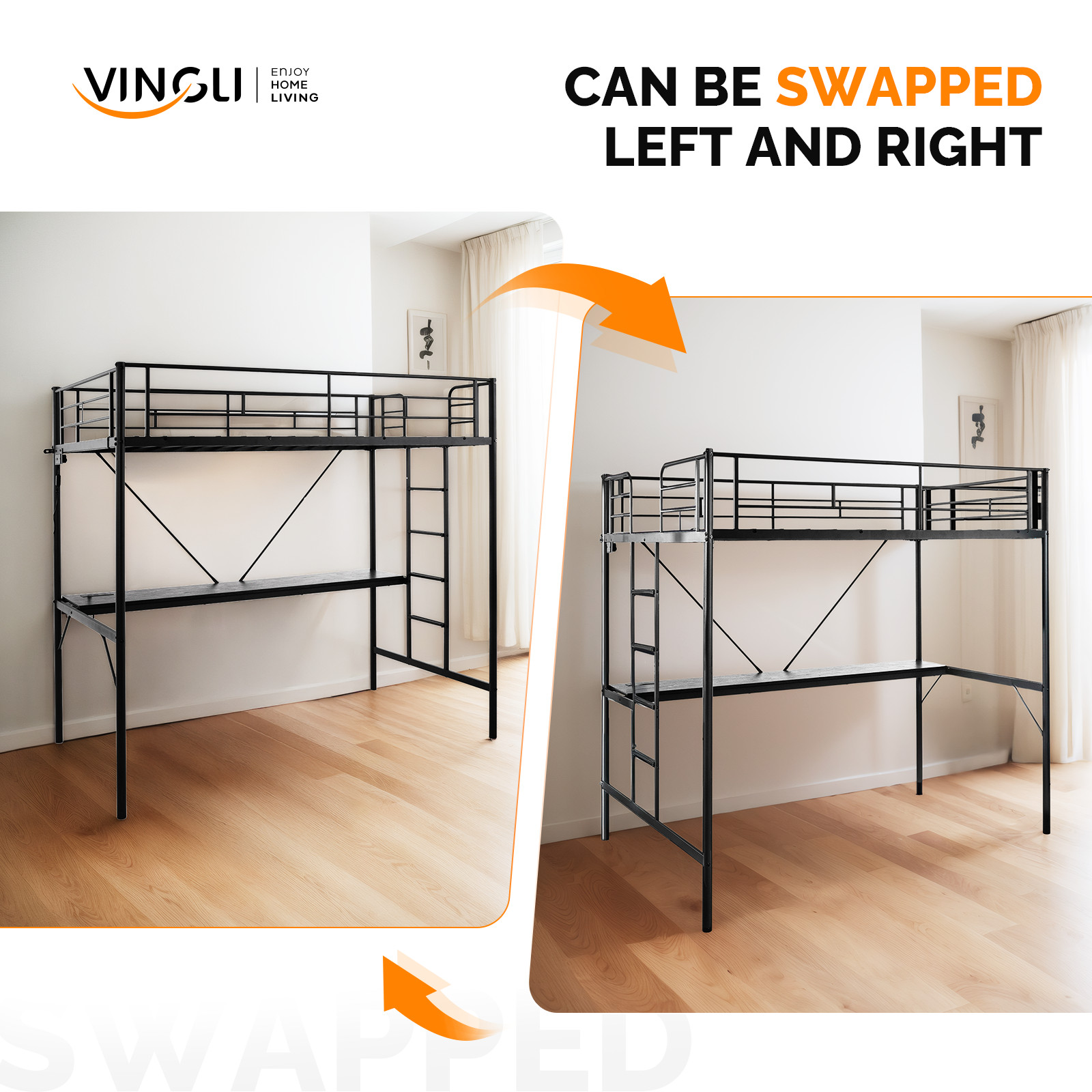 Twin Size Metal Loft Bunk Bed Frame for Kids Teens Adults with Desk Underneath