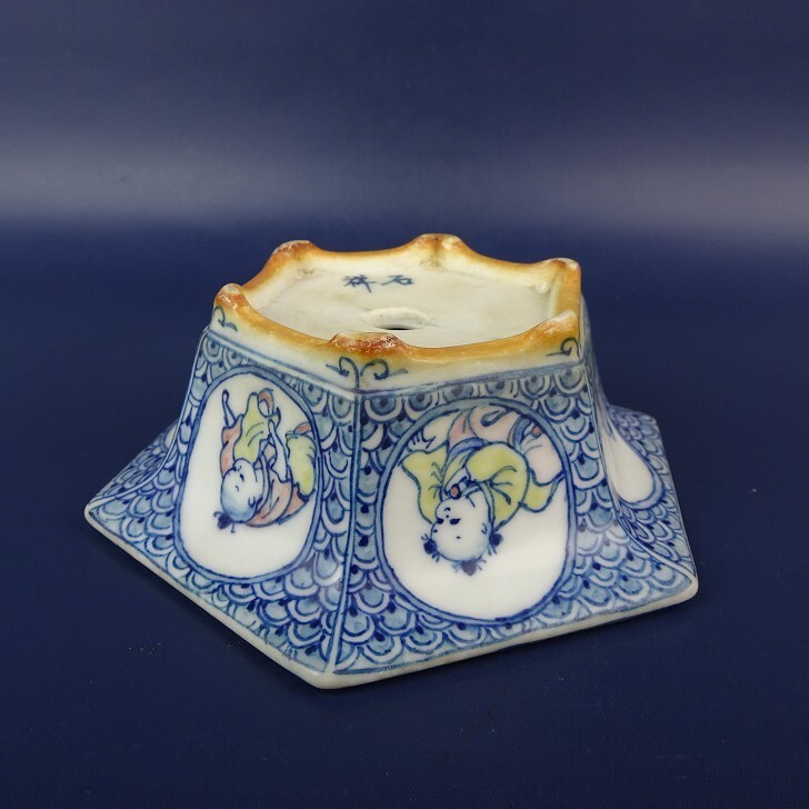Shoseki Ishida Japanese Bonsai Pot Hexagonal Polychrome L11.8cm 4.6in Vintage