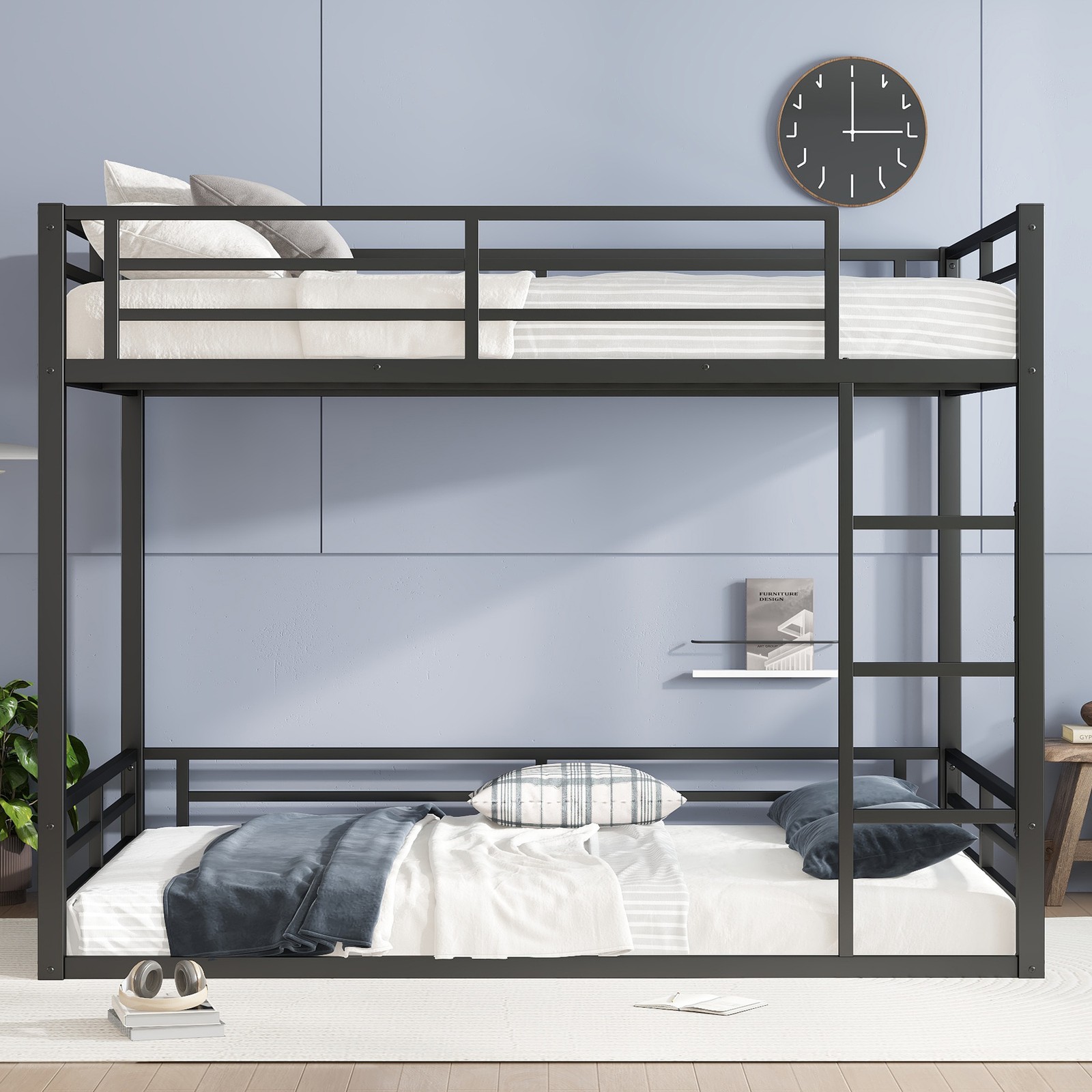 Metal Bed Frame Queen over Queen Bunk Bed for Teens and Adults Bedroom Black Bed