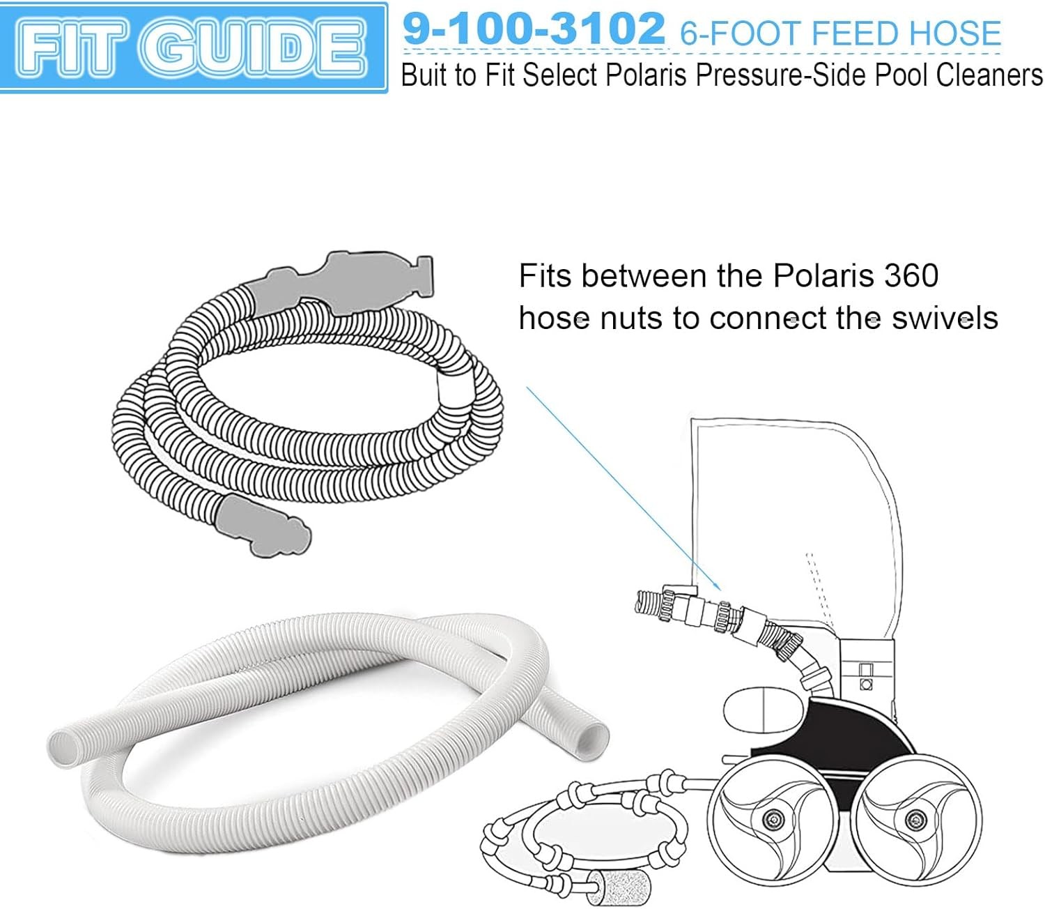 6-Ft Pool Cleaner Cuff-less Feed Hose 9-100-3102 for Polaris 360 – 3 Pack