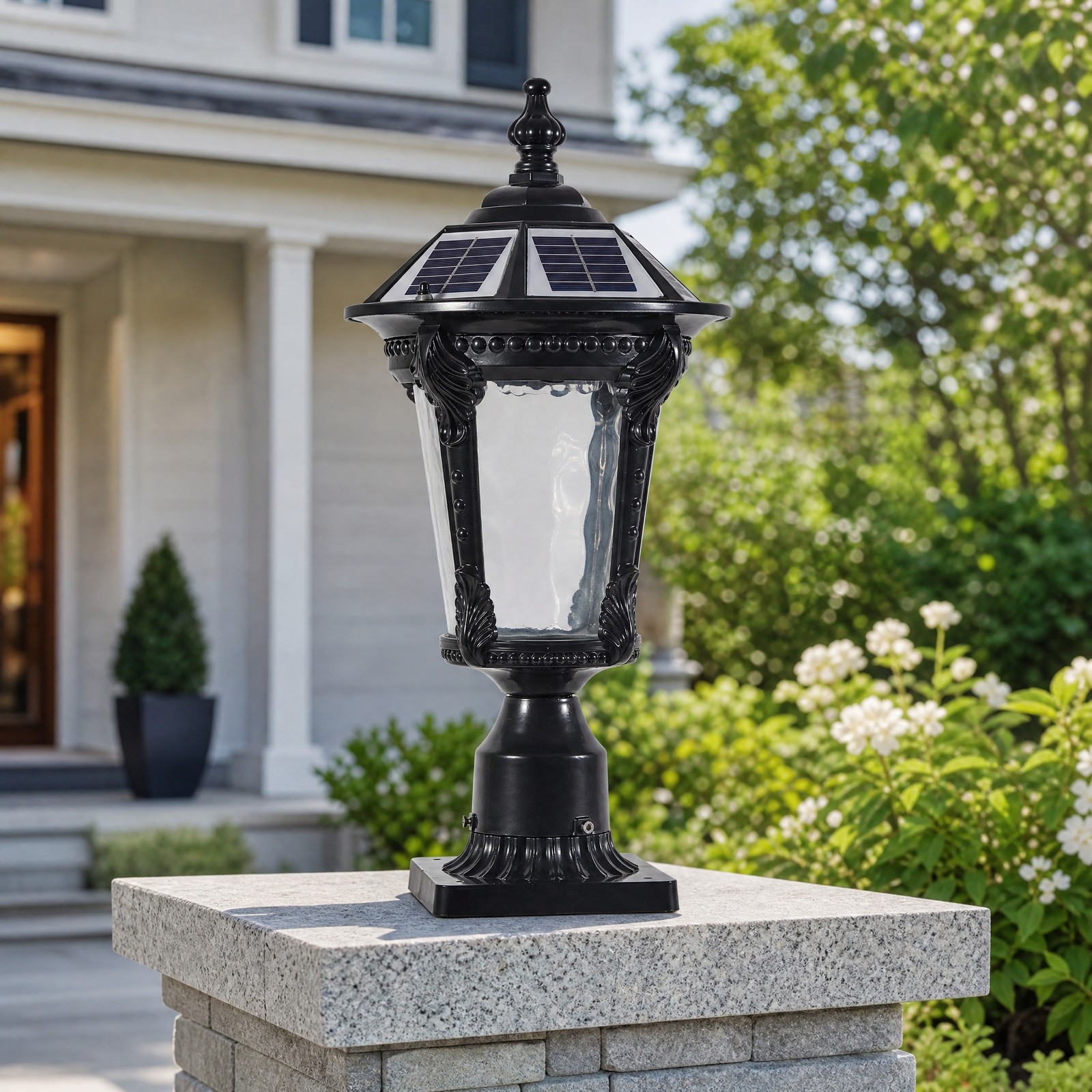 19” Solar Lamp Post Light Outdoor Black Pillar Dusk To Dawn With Remote Control