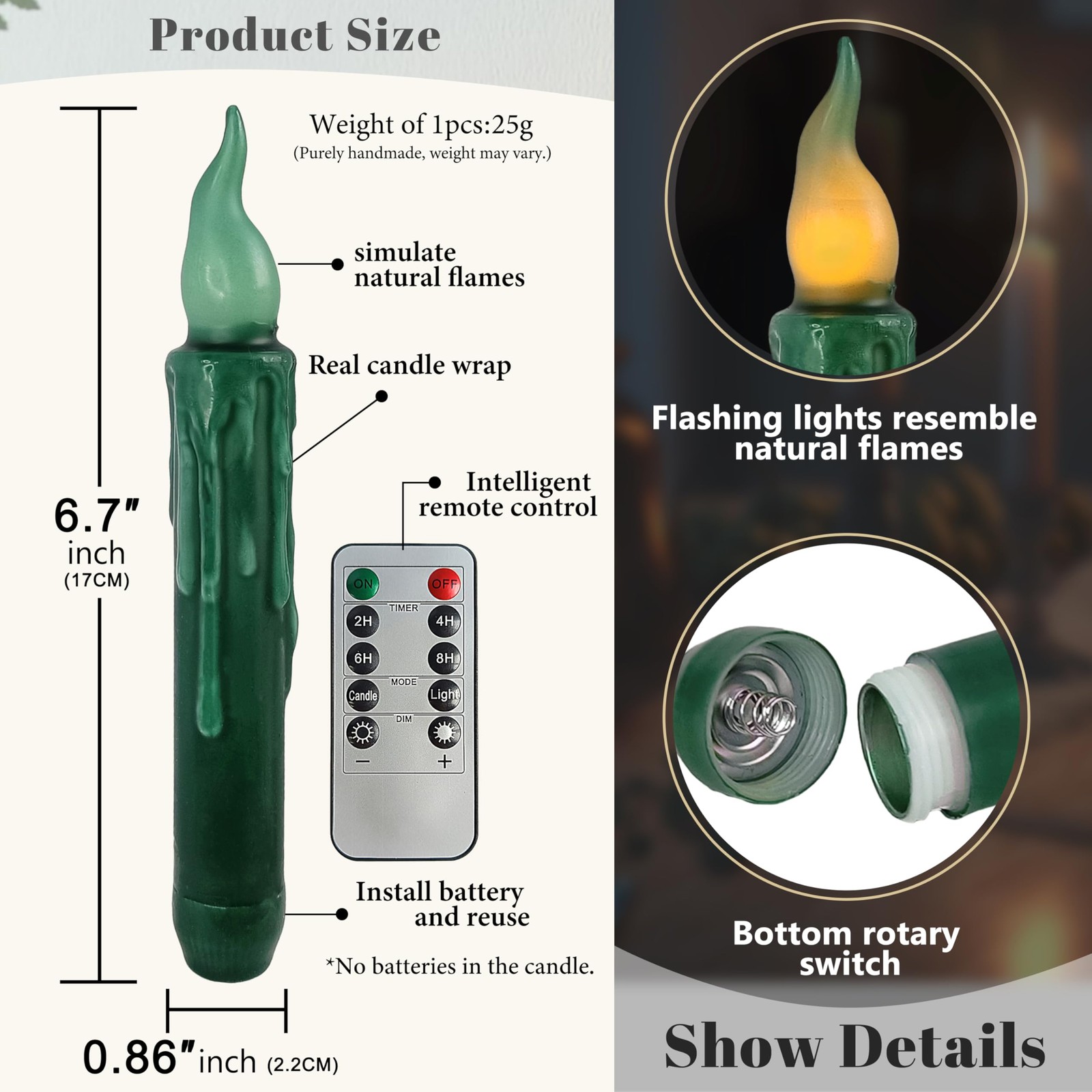 4 PCS 6.7 In Dark Green Flameless Short Taper Candles Real Wax Remote LED Light