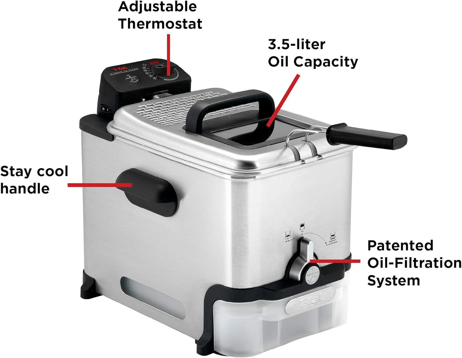 T-fal 3.5L Stainless Steel Deep Fryer with Basket for Home Use, 1700W, Silver