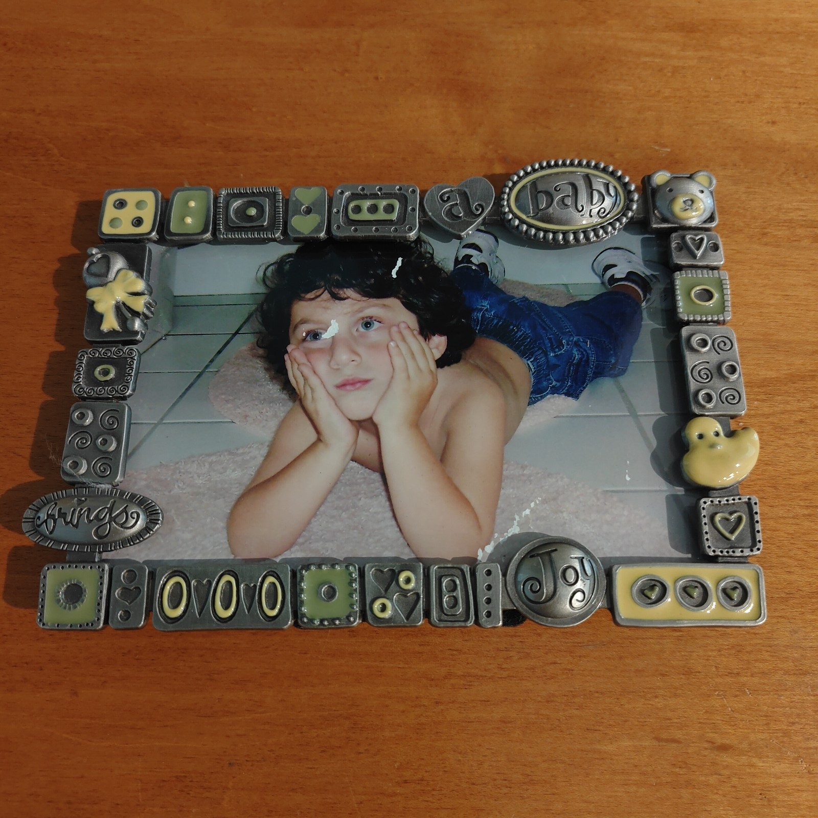 FETCO Pewter & Enamel “Baby Brings Joy” Unisex Photo Frame 4×6 Baby Nursery