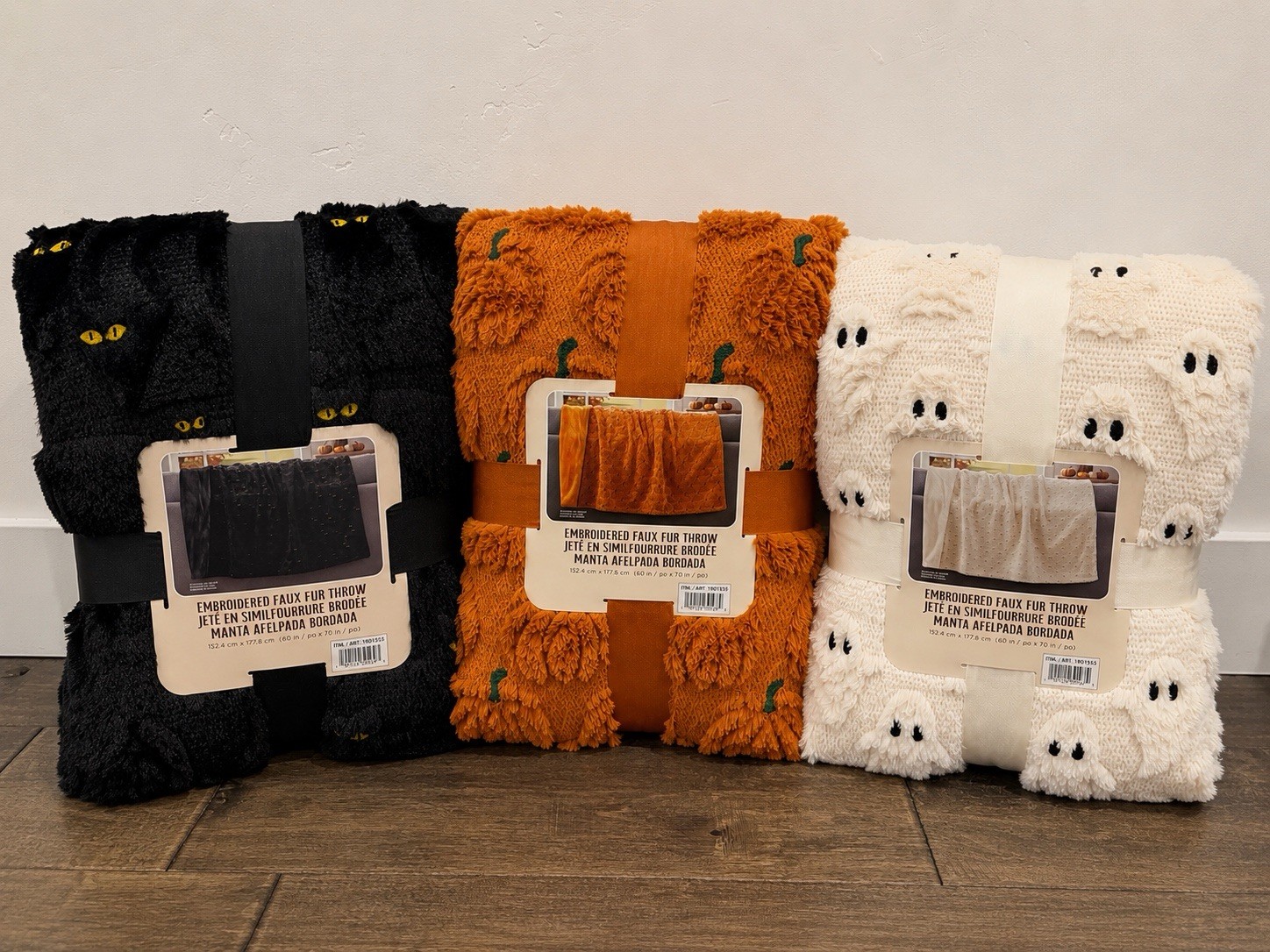 NWT Costco Halloween Faux Fur Throw Blanket Lot of 3 Ghost Cat Pumpkin