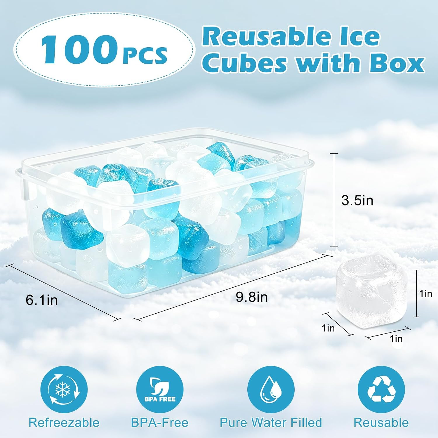 100 Pack Reusable Ice Cubes with Storage Box, Refreezable Plastic Ice Cubes for