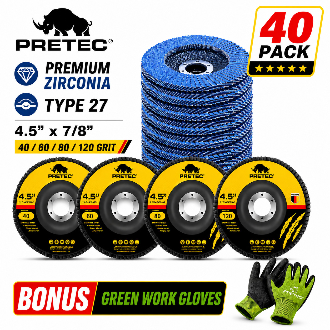 40 Pack 4-1/2 in Zirconia Flap Discs 40 60 80 120 Grit Sanding Grinding Wheels