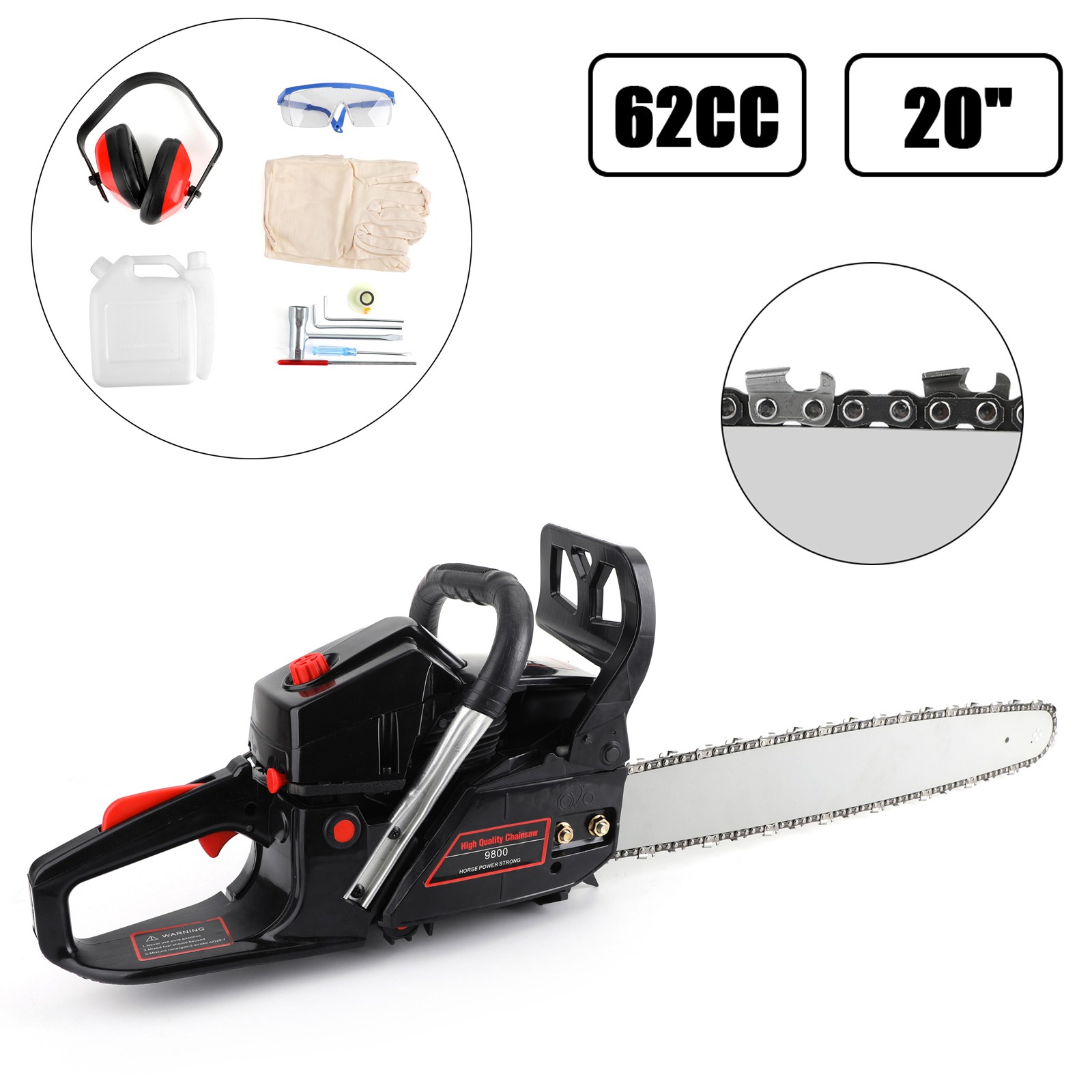 62cc Gas Chainsaw 20″ Bar Gasoline Powered Chain Saw 2 Cycle Engine Cutting USA